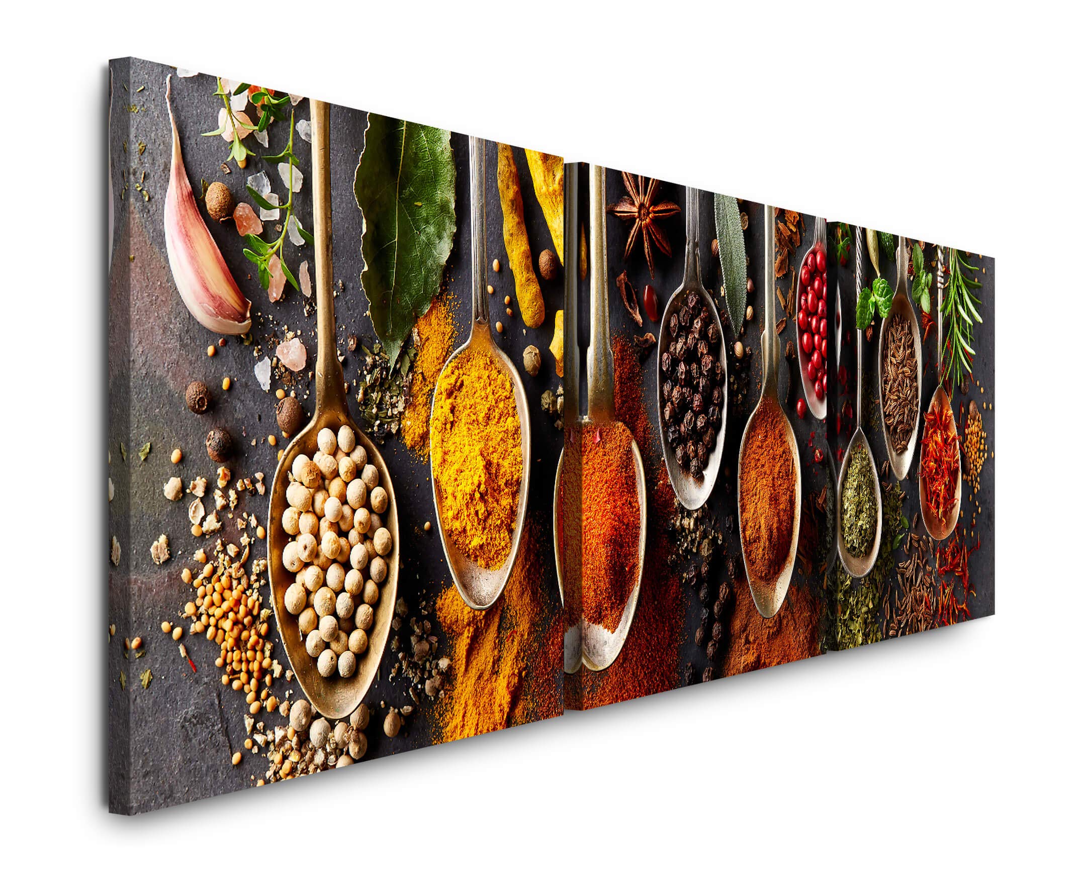 Gewürze in Löffeln 220 x 70cm - 3 Bilder je 70x70cm Bild XXL Panorama Deko Wandbilder auf Leinwand