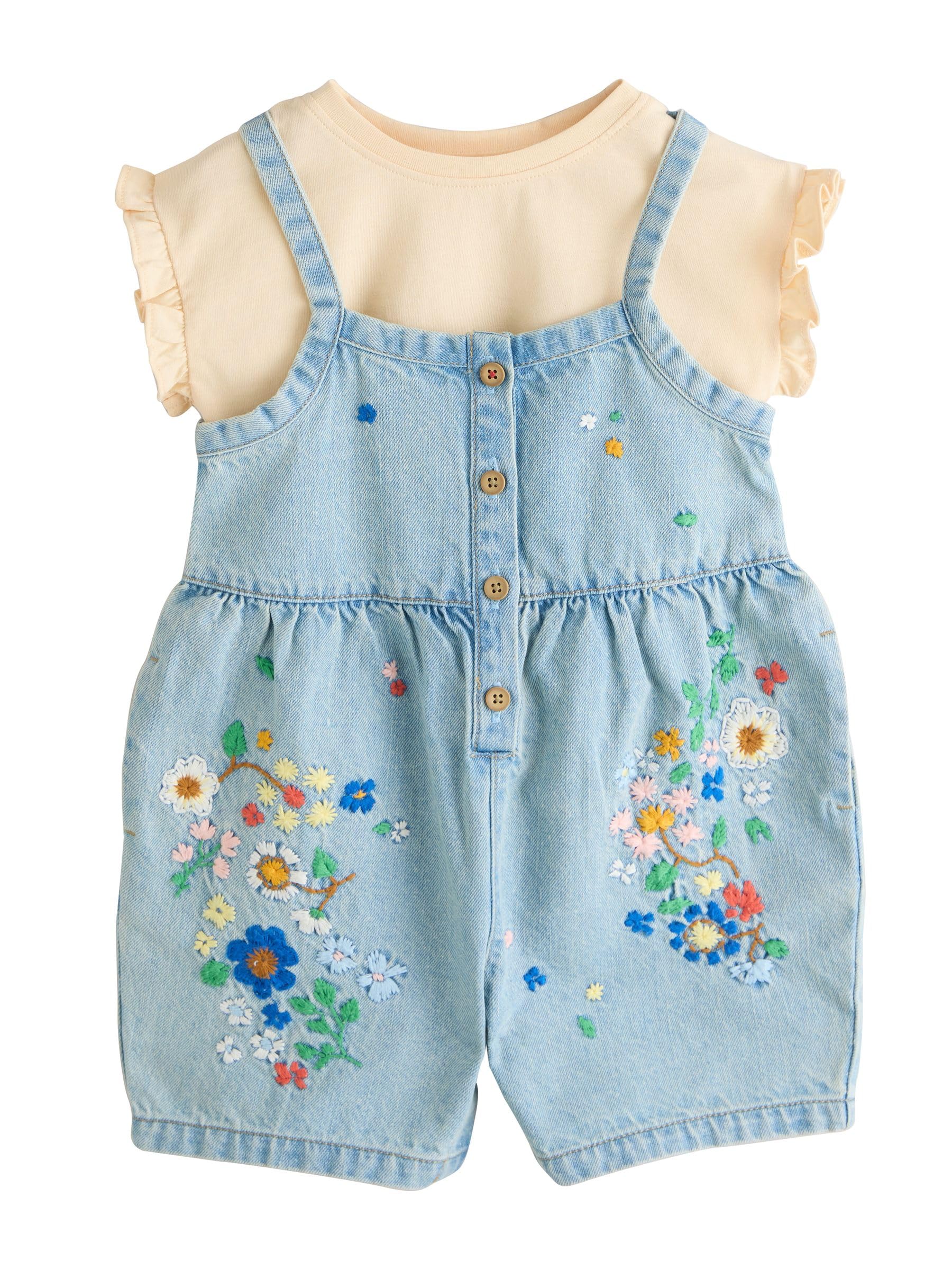 NEXT Ragazza Salopette corta e t-shirt in denim con ricami floreali