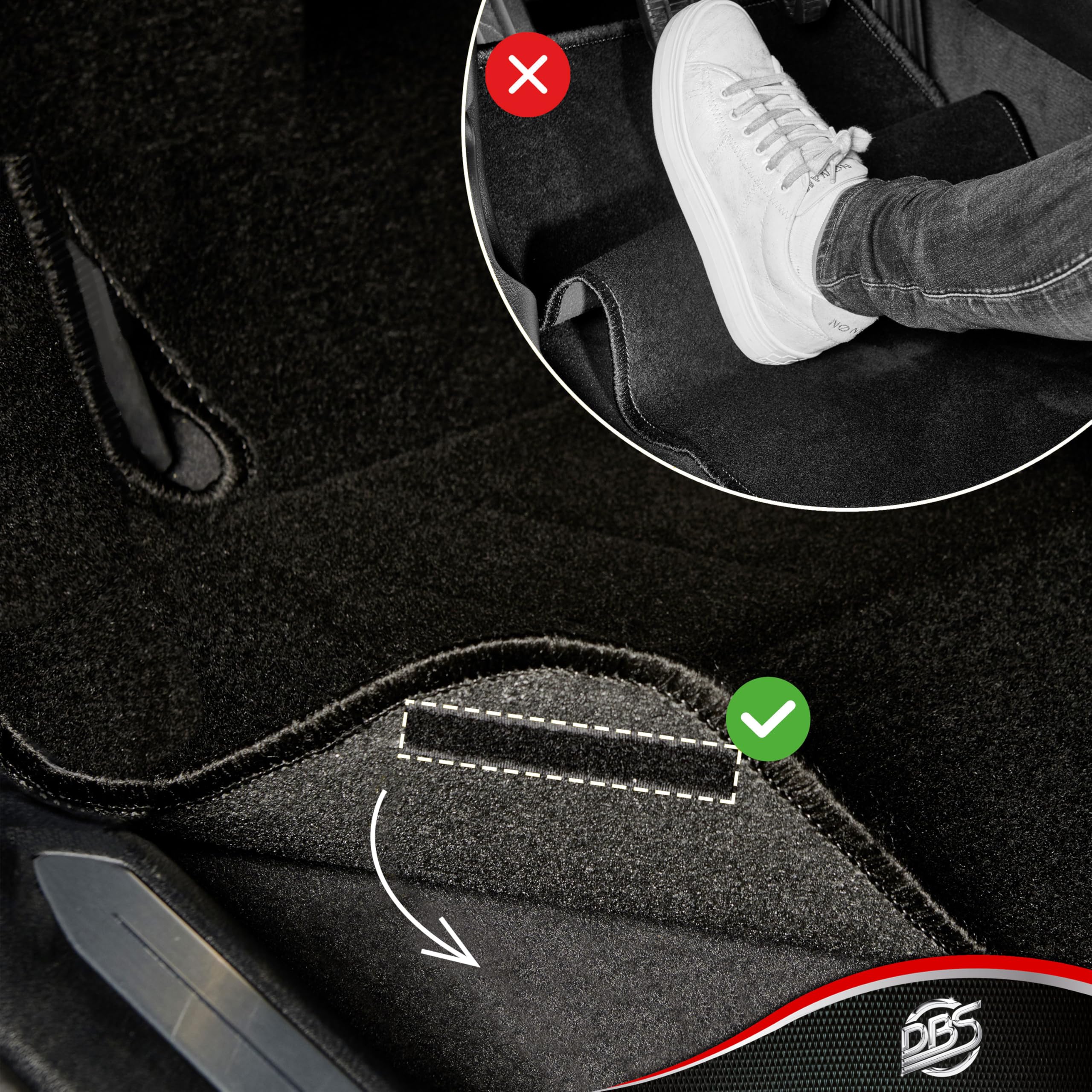 DBS - Tapis de Voiture sur Mesure - Adapté à Votre Peugeot 206 / 206SW / 206+ (09/1998-12/2014) - Antidérapant : Clips de Fixations et Scratch - Tapis de Sol 4 pièces - Moquette - Noir