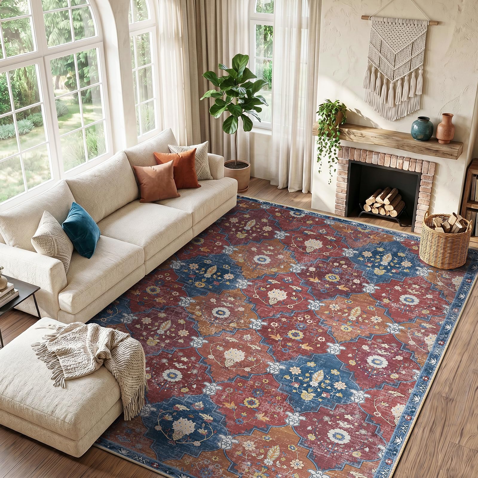INOVADAY Rugs Living Room 200x300 cm Moroccan Washable Rug Low Pile Boho Rug with Print Pattern Anti Slip Carpet for Bedroom Dining Room Home Office Indoor Red/Blue