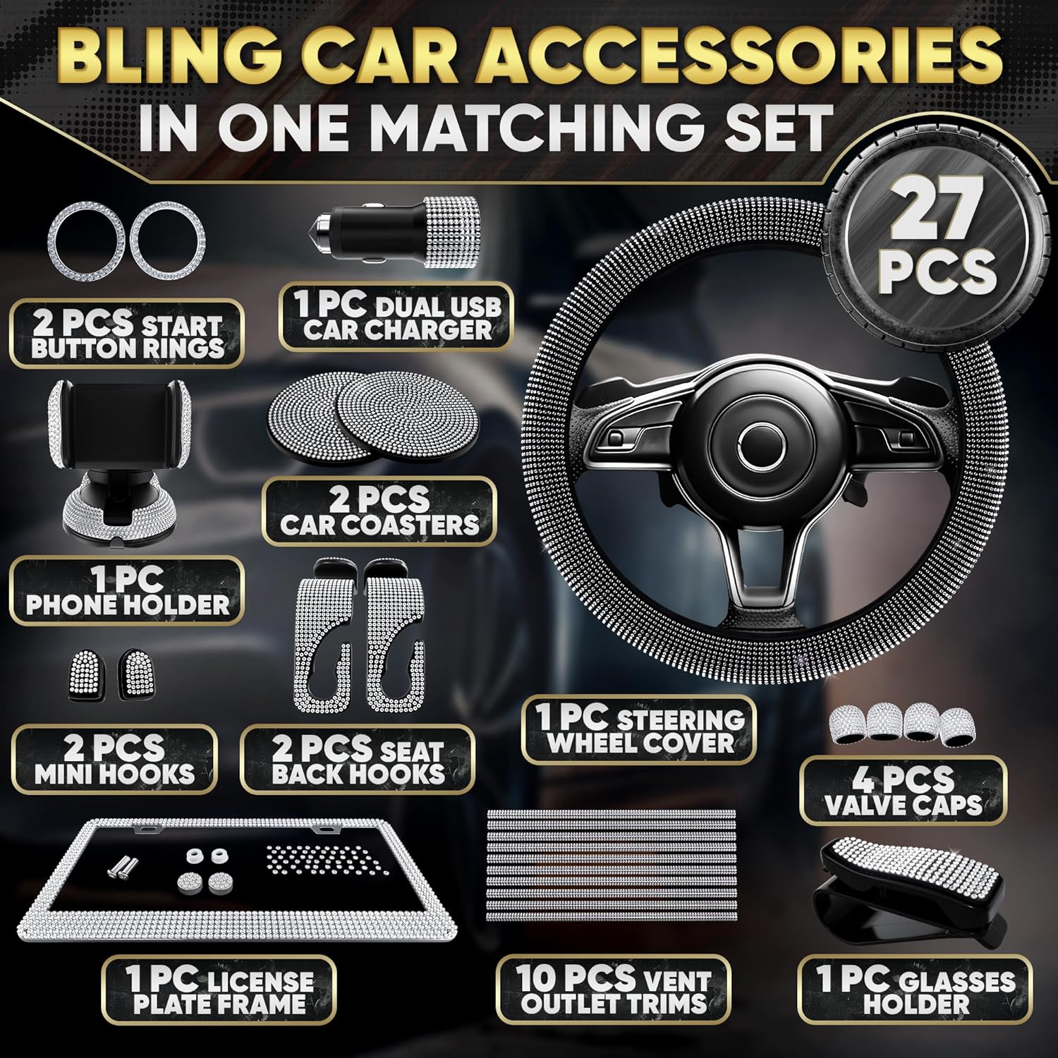 Bling Car Accessories Set 27 Pieces – Silver Steering Wheel Cover, Diamond License Plate Frame, Rhinestone Interior Car Decor, Cup Holders, Hooks, Universal Fit, Great Gift for Auto Lovers