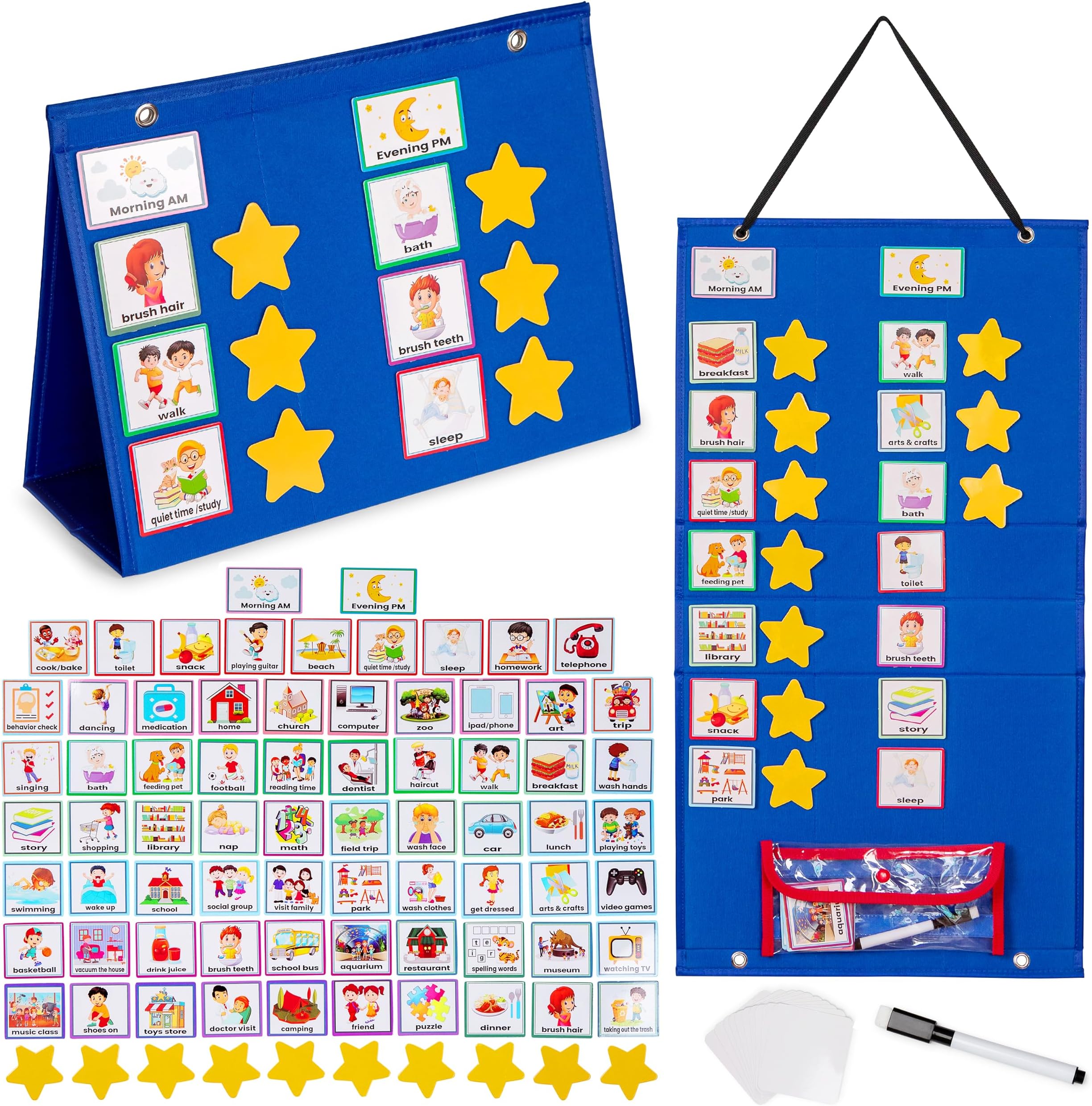 Large Visual Schedule for Kids with Autism - Morning Bedtime Routine Daily Calendar for Kids with 72 Activity, 10 Blank Cards & 15 Stars- Wall Communication Chore Chart Responsibility Planner