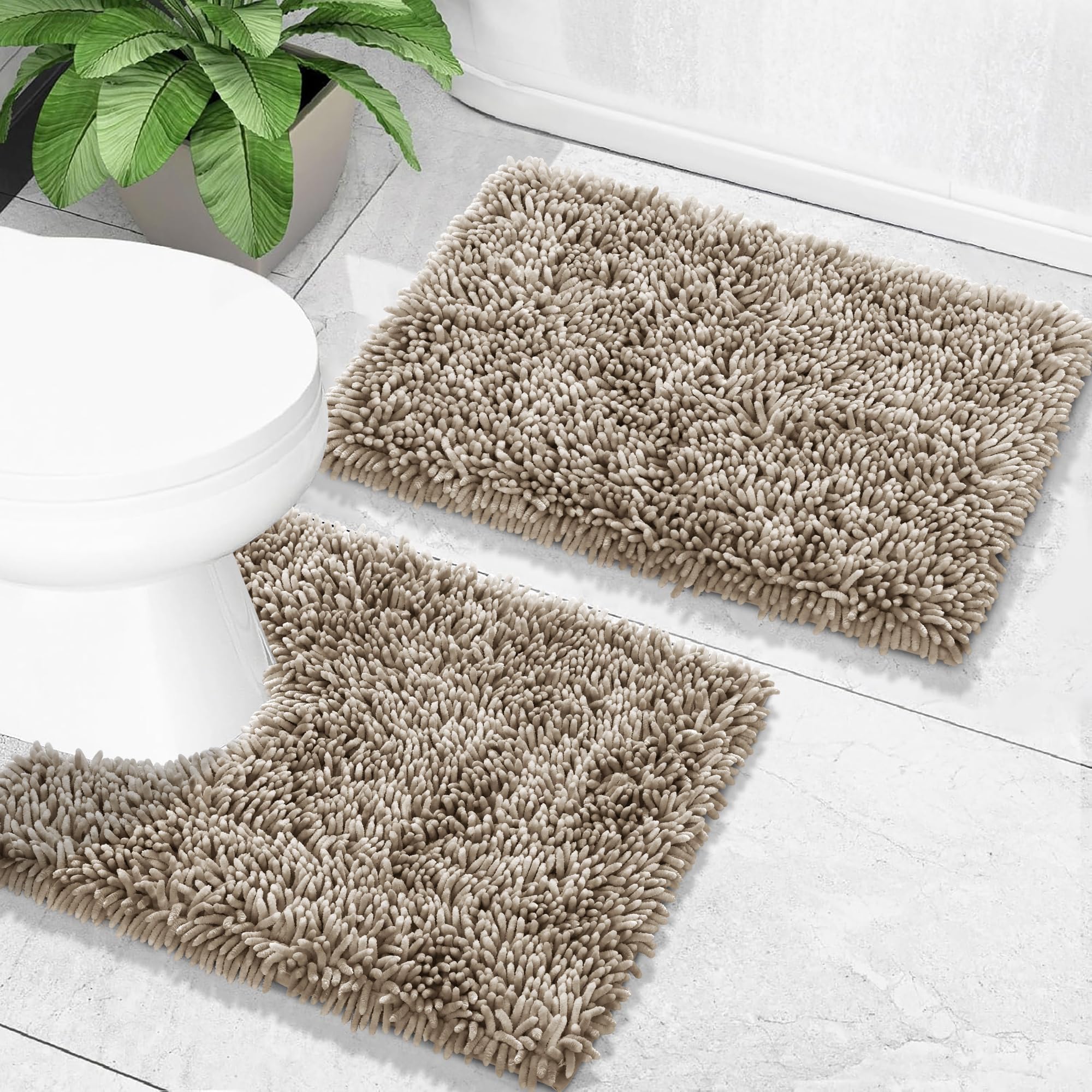 Yimobra Bathroom Rugs Sets 2 Piece, Soft Absorbent Bath Mat and U-Shaped Toilet Rug with Non Slip Backing, Luxury Shaggy Bath Mats for Bathroom,