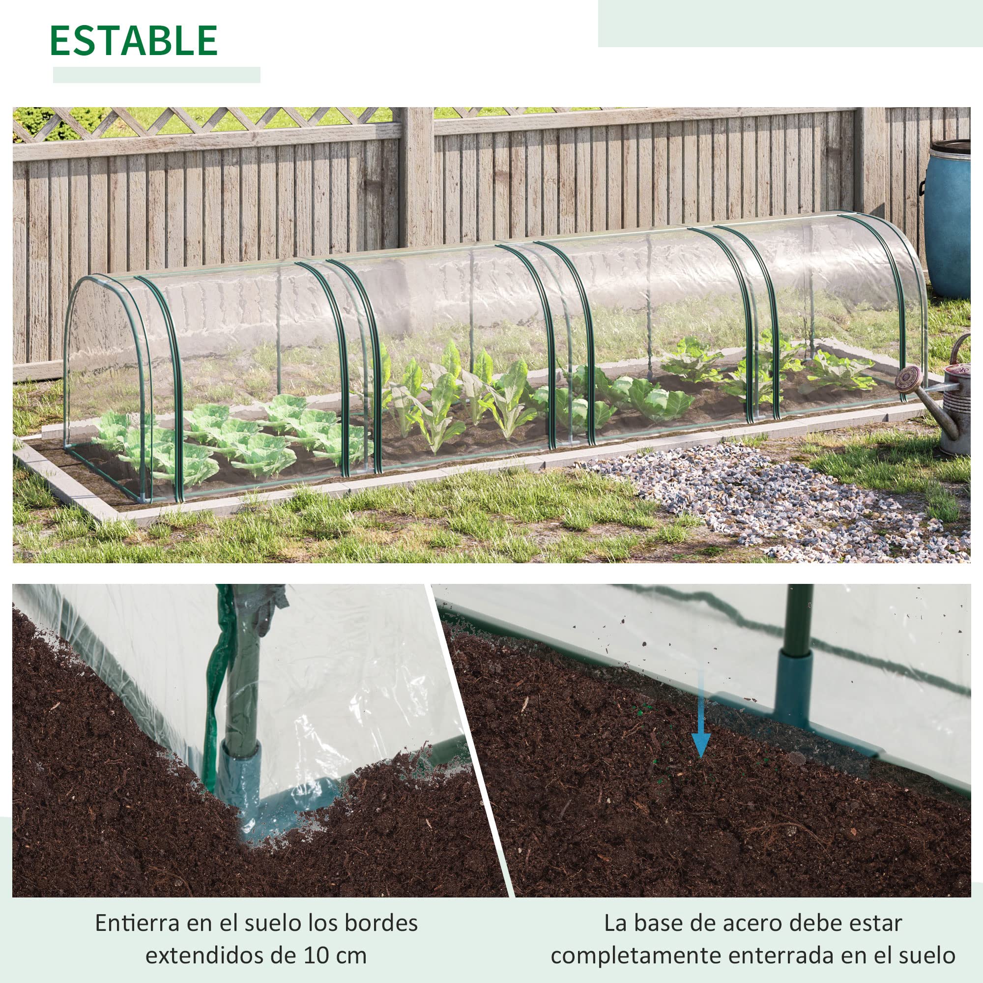 Outsunny Invernadero de Exterior 395x100x80 cm Invernadero de Jardín con 4 Puertas Enrollables Marco de Acero para Cultivos Plantas Flores Transparente