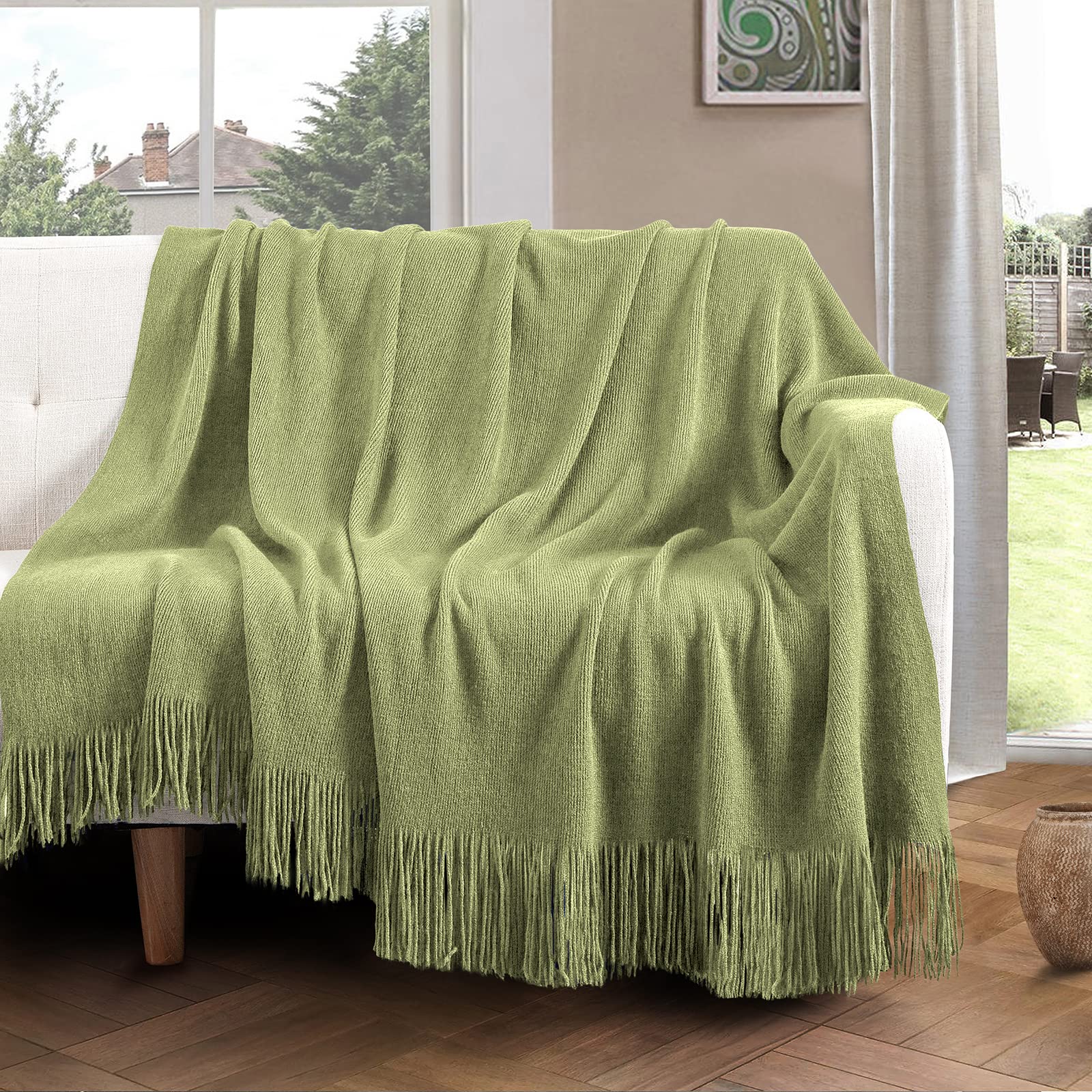 Vonty Coperta lavorata a maglia verde salvia con nappe frange 127 x 152,4 cm, coperta in maglia super morbida, decorativa per divano, letto