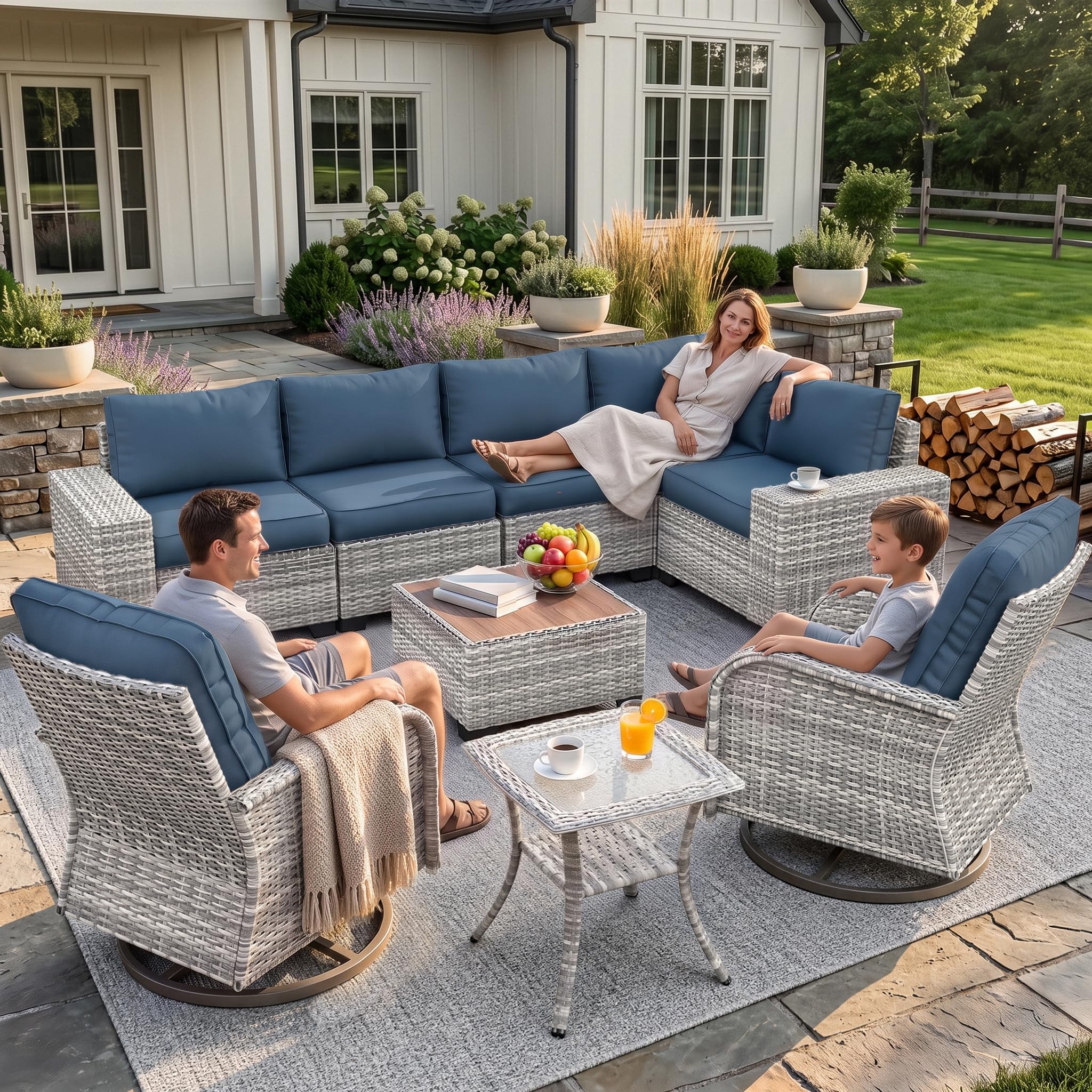 Muphyers 9-piece navy blue wicker patio sectional with swivel chairs
