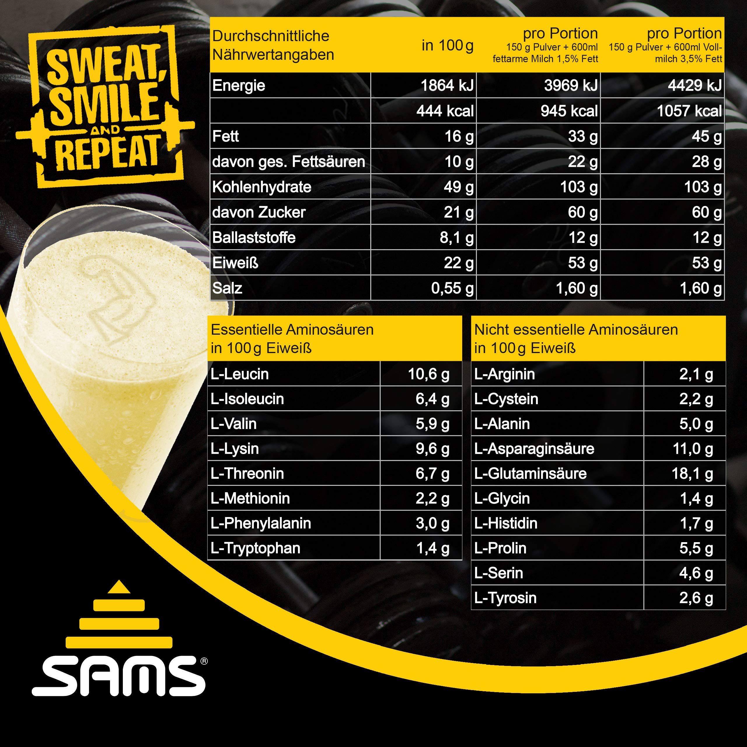 5000 Kalorien pro Tag – Mass Weight Gainer mit Whey Protein Isolat Pulver – Aufbaunahrung für maximale schnelle Gewichtszunahme – Muskelaufbau & Masseaufbau SAMS Ultra Hardgainer (Banane 2250g)