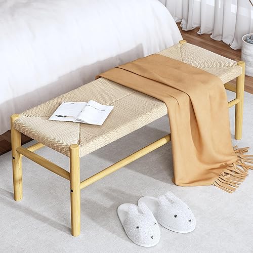 Miniatura 2 de Recaceik Banco de entrada interior con otomana de cordón de papel, banco largo de mediados de siglo con patas de madera de goma, banco de cama