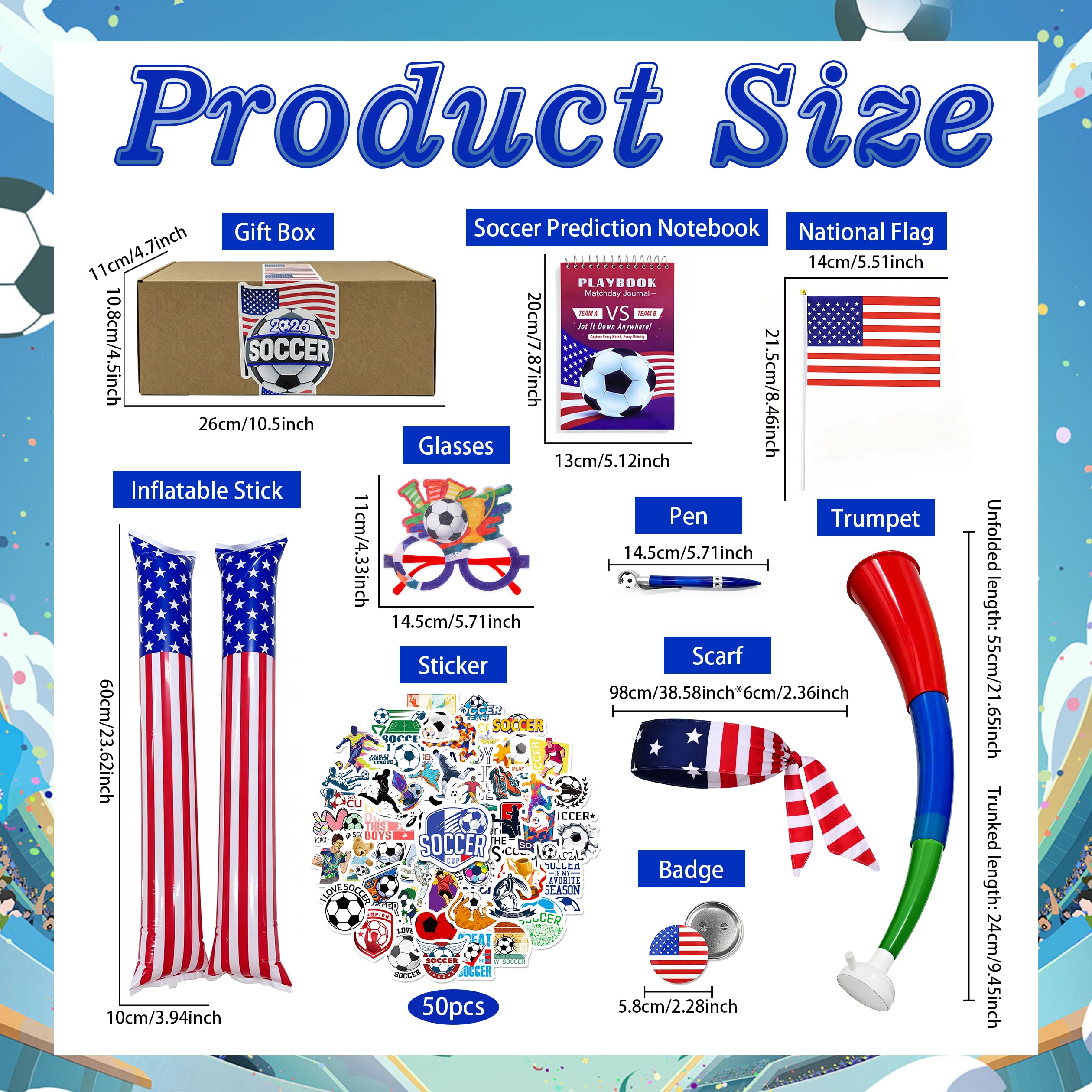 USA Soccer Fan Gear Kit 2026 International Match Day Accessories Gift Set Bundle with Glasses, Flag, Horn, Badge, Soccer Match Predictor Notebook, Pen, Inflatable Sticks, Stickers Headband (USA) - 2