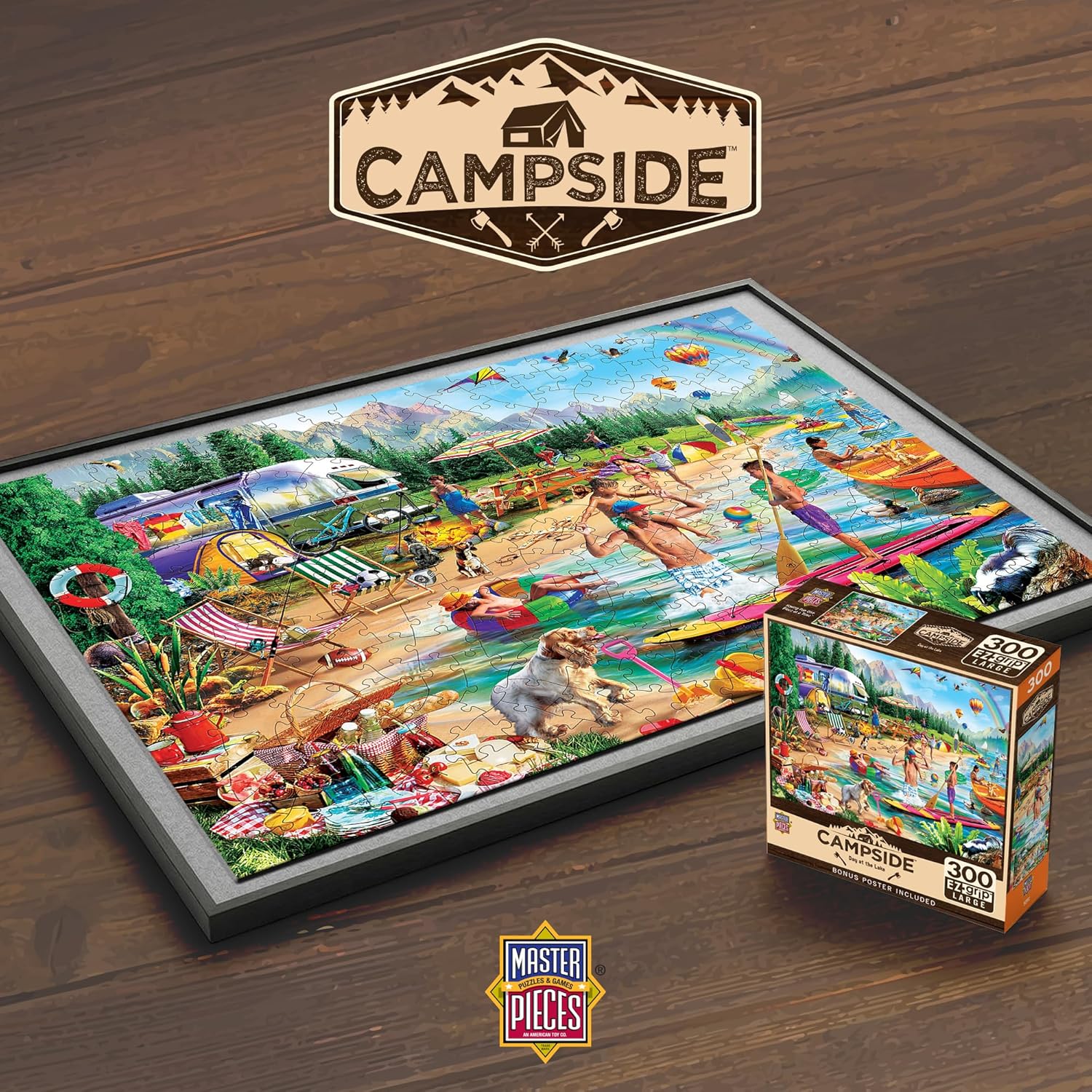 MasterPieces - 300 Piece Jigsaw Puzzle, Large EZ Grip Shapes, Camp Day at The Lake, Fun for Adults, Seniors, Family, Kids, Non-Glare Finish, 18"x24"