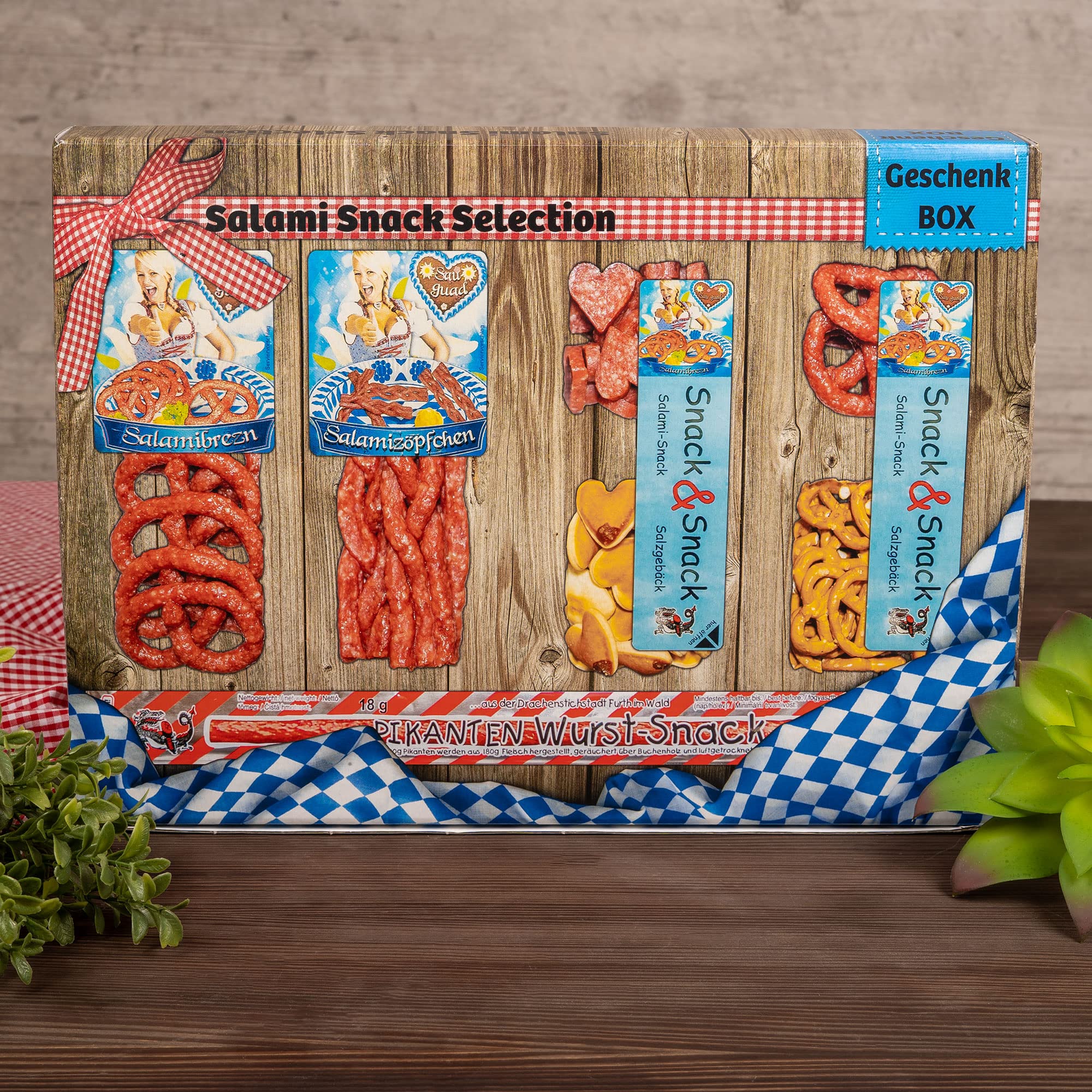 WURSTBARON® Snack Geschenkbox mit Salami Herzen, mit 7 besonders leckeren Snacks aus Salami und Knabberzeugs, Wurst nach Krakauer Art, bayerische Qualität, 390g