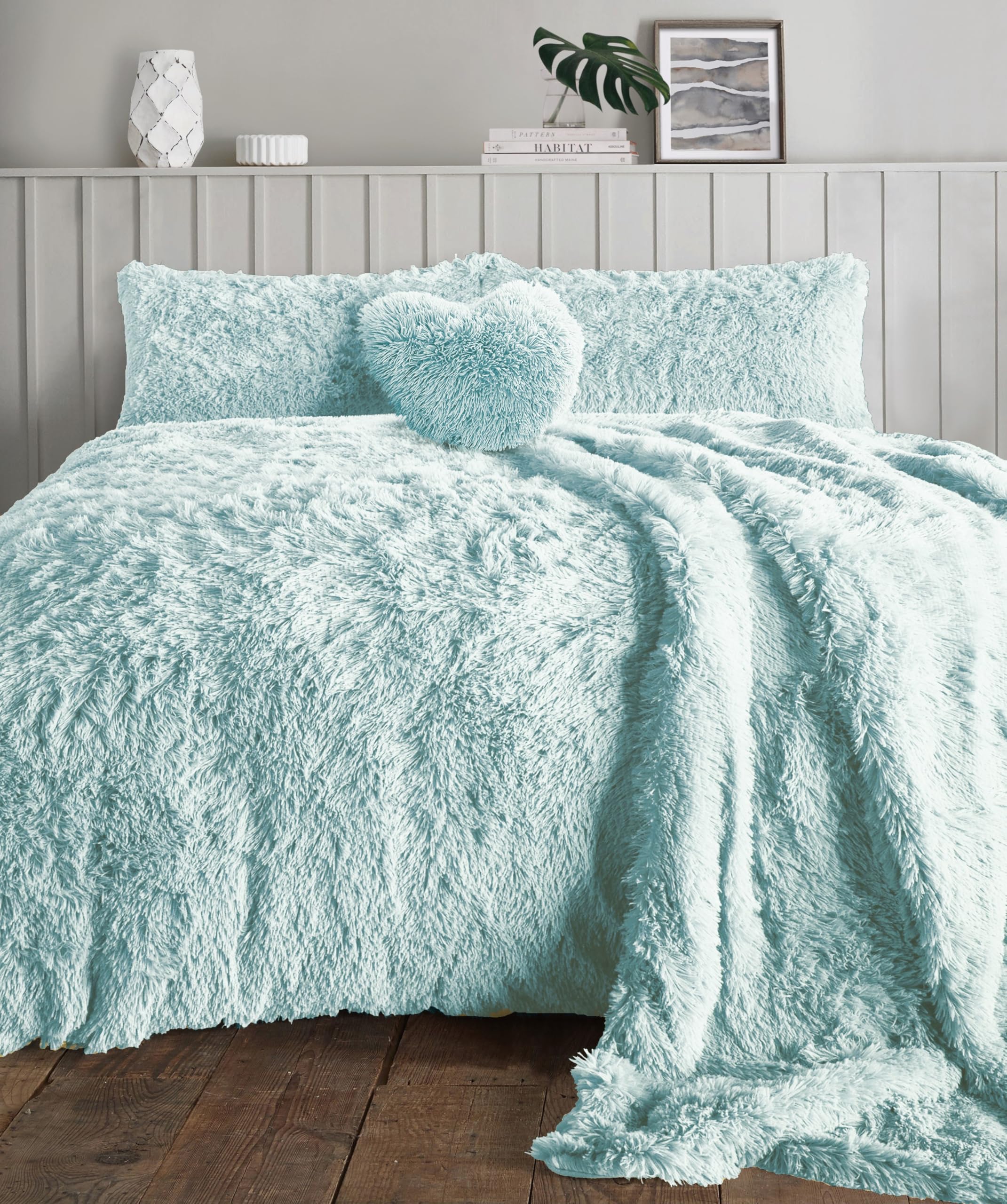NIGHTS Teddy Bear Fleece Long Fur Cuddles Luxury Duvet Cover Set Warm Cosy Soft Teddy Bedding Set (Single, Double, King,Super King) (Duck Egg, King)