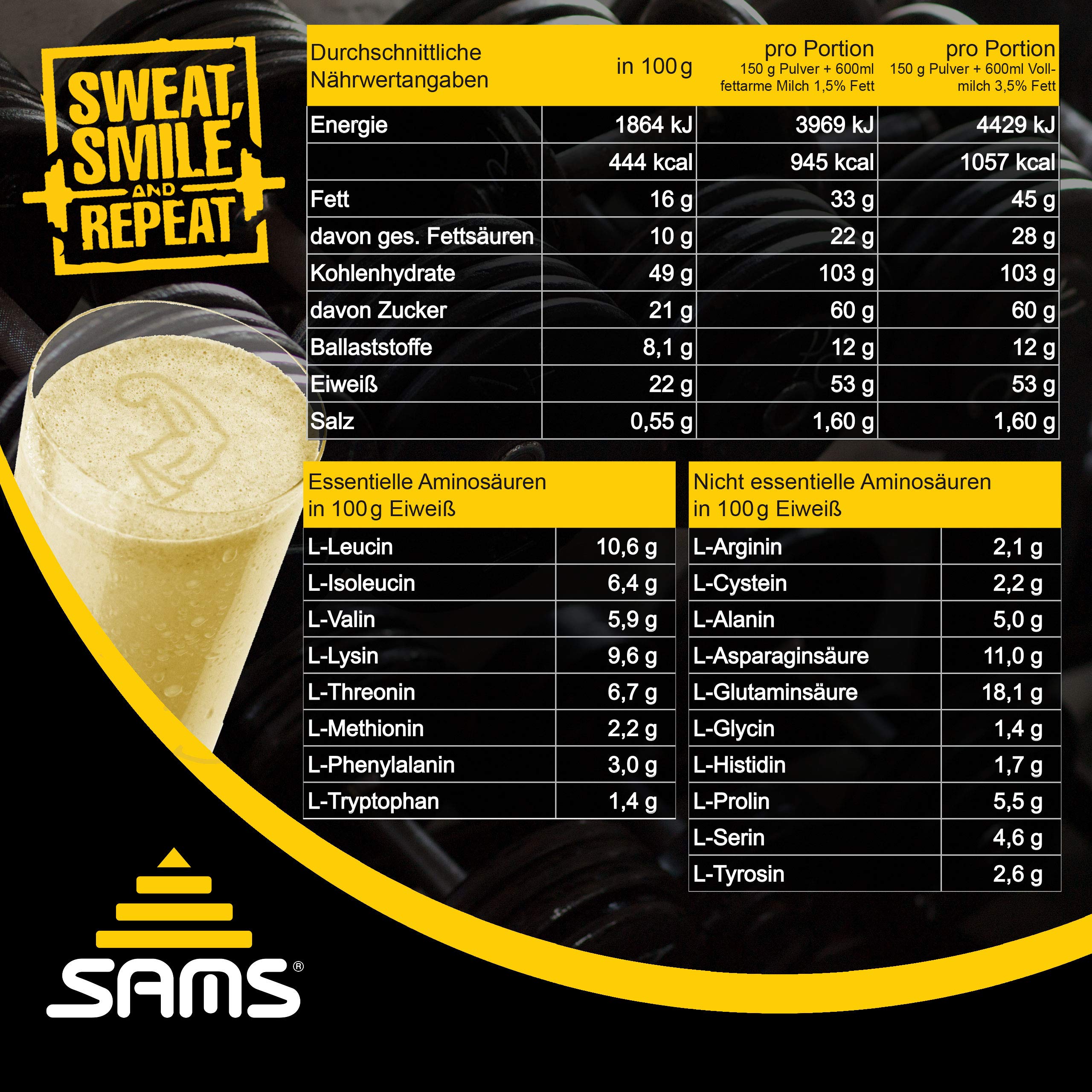 5000 Kalorien pro Tag – Mass Weight Gainer mit Whey Protein Isolat Pulver – Aufbaunahrung für maximale schnelle Gewichtszunahme – Muskelaufbau & Masseaufbau SAMS Ultra Hardgainer (Vanille 1050 g)
