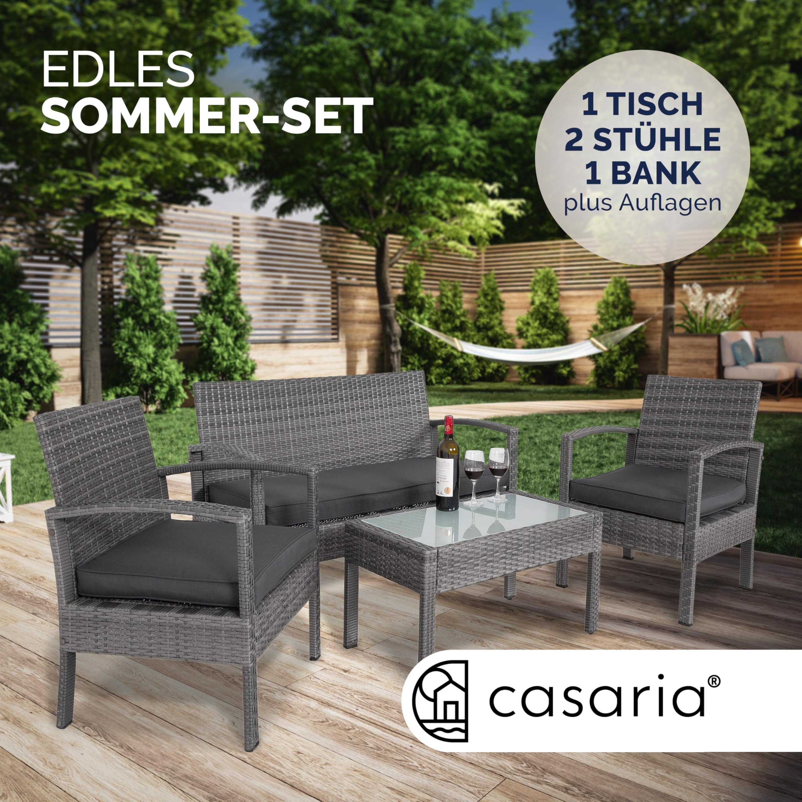 CASARIA Conjunto Muebles Jardín 4 Piezas Poliratán Mesa Cristal Gris | 2 Sillones, Banco, Cojines 5cm, Acero Galvanizado, Repelente Agua, Patas Regulables, 4 Personas, Terraza, Balcón, Ventosas