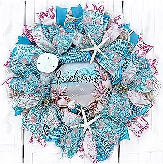 Handmade Turquoise, Coral, Natural & White Coastal Seashell Welcome Beach Wreath for Front Door