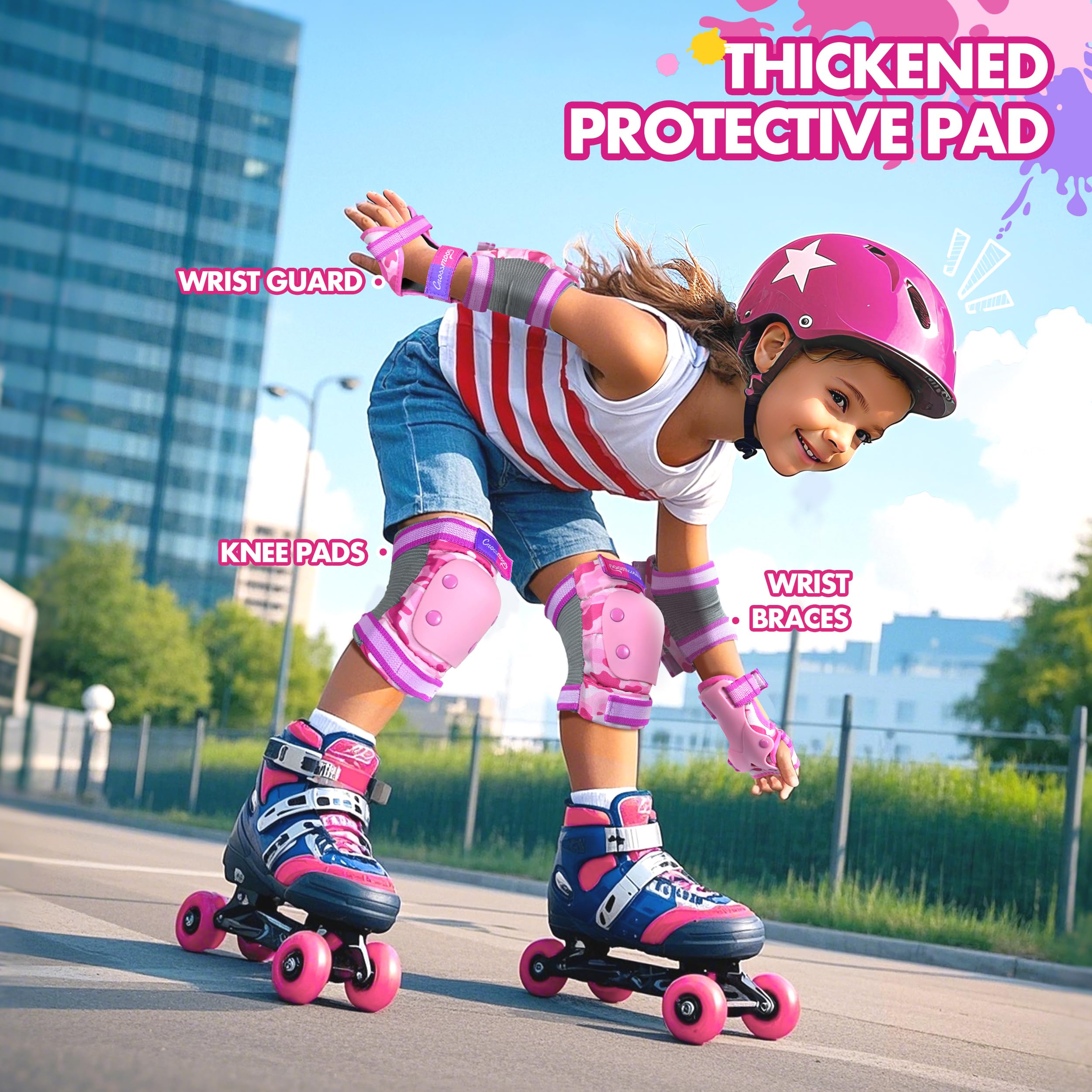 Kids Knee Pads Elbow Pads Wrist Guards Set, Protective Gear Set for Girls Boys Roller Skating Bike Cycling Skateboard Scooter (Pink Camo, Medium (6-12years))