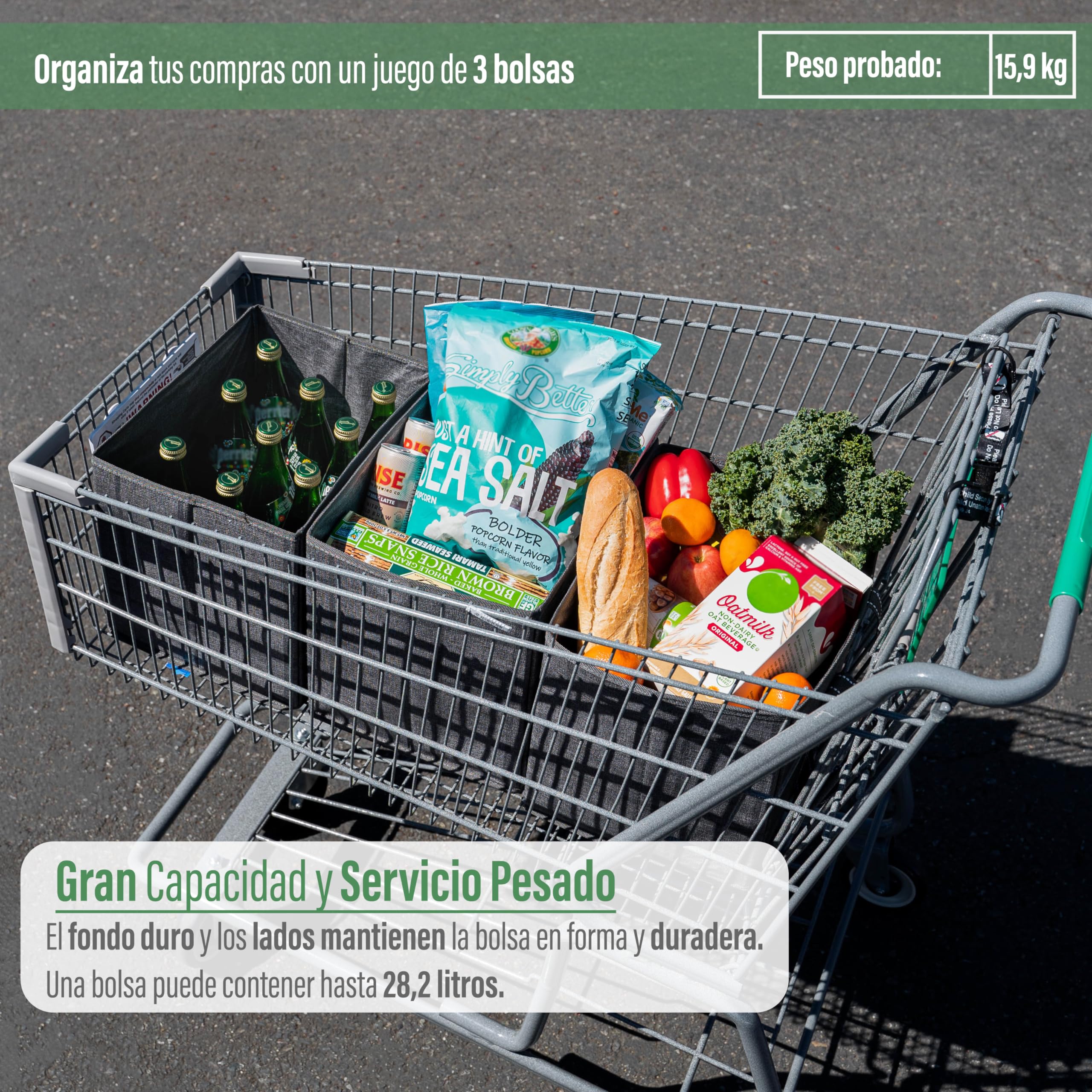 VENO 23.5 litros Bolsas de Comestibles Reutilizables, Bolsa de Carrito de Compras, Resistente, Parte Inferior Dura, Plegable, Bolsa Utilidad, Organizador de Maletero (Cuadros Negros, Pack de 3)