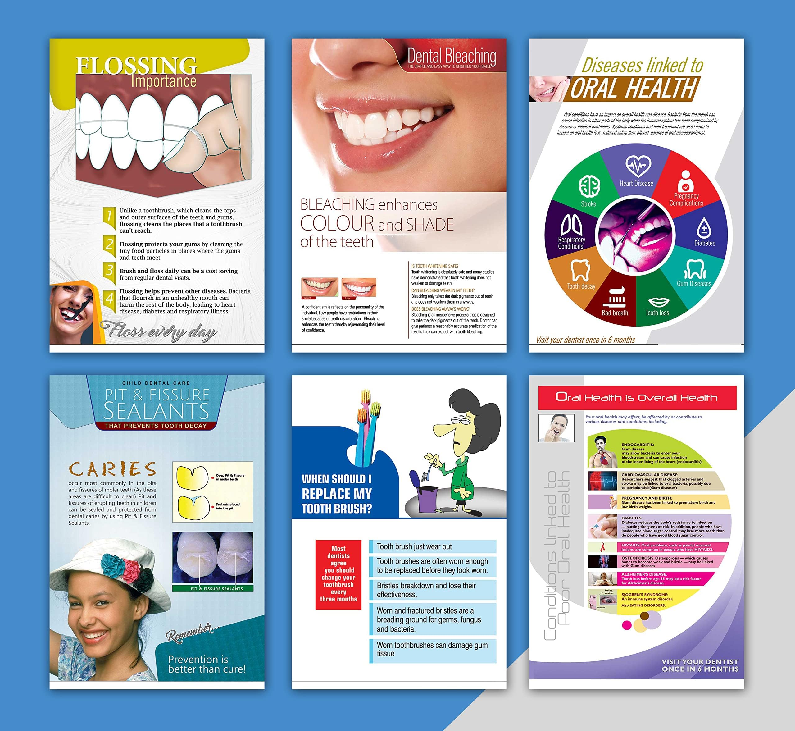 Dental Poster Bundle 6 (6 Posters) 13"x19"| Flossing importance, Bleaching, Disease linked to poor oral health, Sealants, Replace tooth brush, Poor oral health