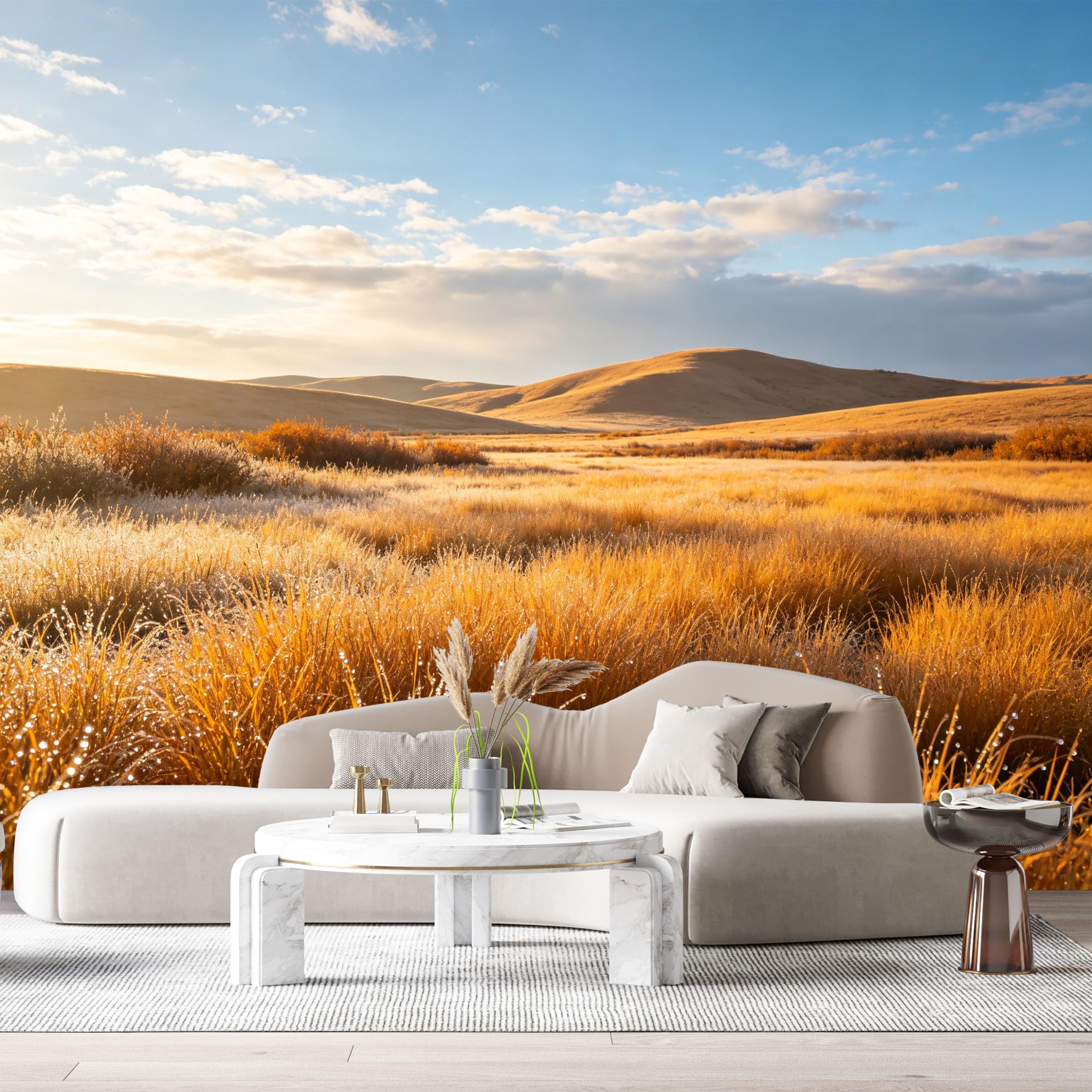 Custom Size Wall Murals Golden Meadow Landscape Morning Dew Hills Warm Horizon SelfAdhesive Wall Fabric Removable Large Wallpaper for Photo Living Room