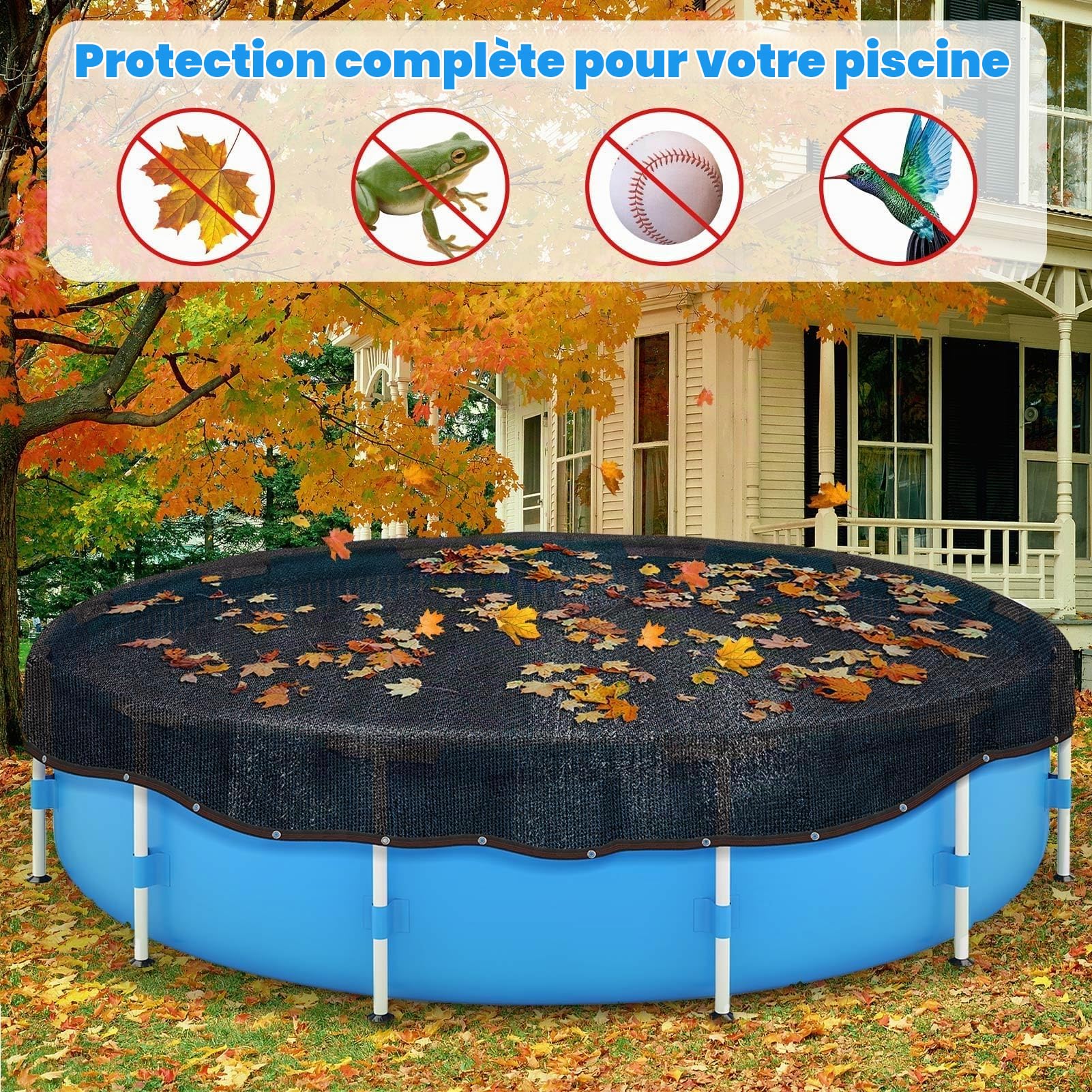 Bâche de Protection en Maille pour Piscine Hors Sol pour Attraper Les Feuilles en Hiver – Filet de sécurité en Maille pour Piscine de 5,5 m – Pare-Soleil de Jardin Noir avec œillets