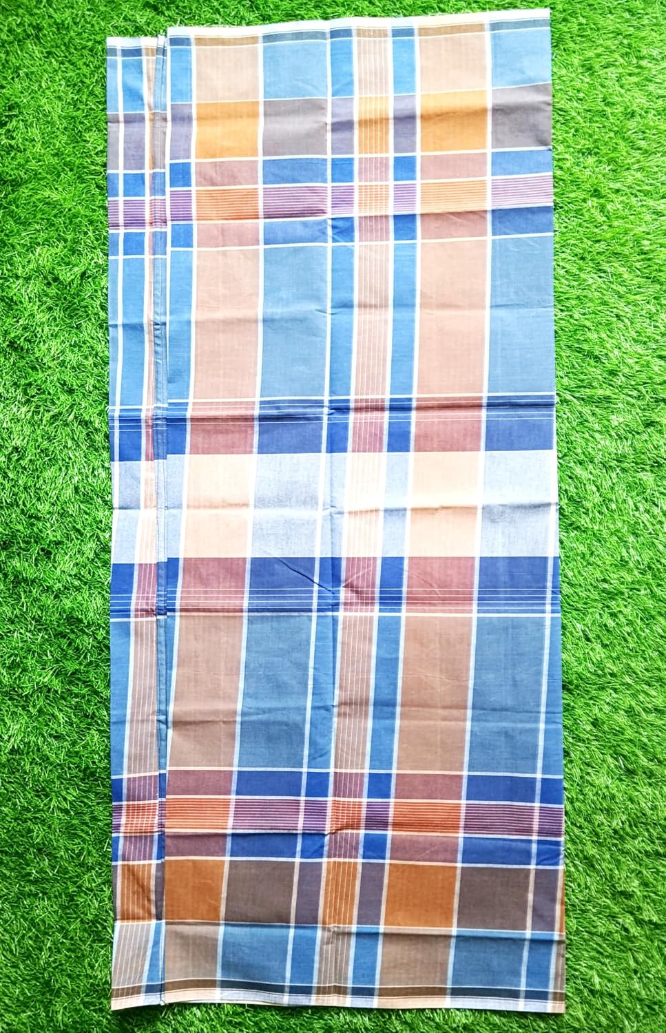Premium Cotton Stitched Lungi, Traditional Chennai Handloom, 2.10 Meters, Blue and Purple Stripes, Pack of 2