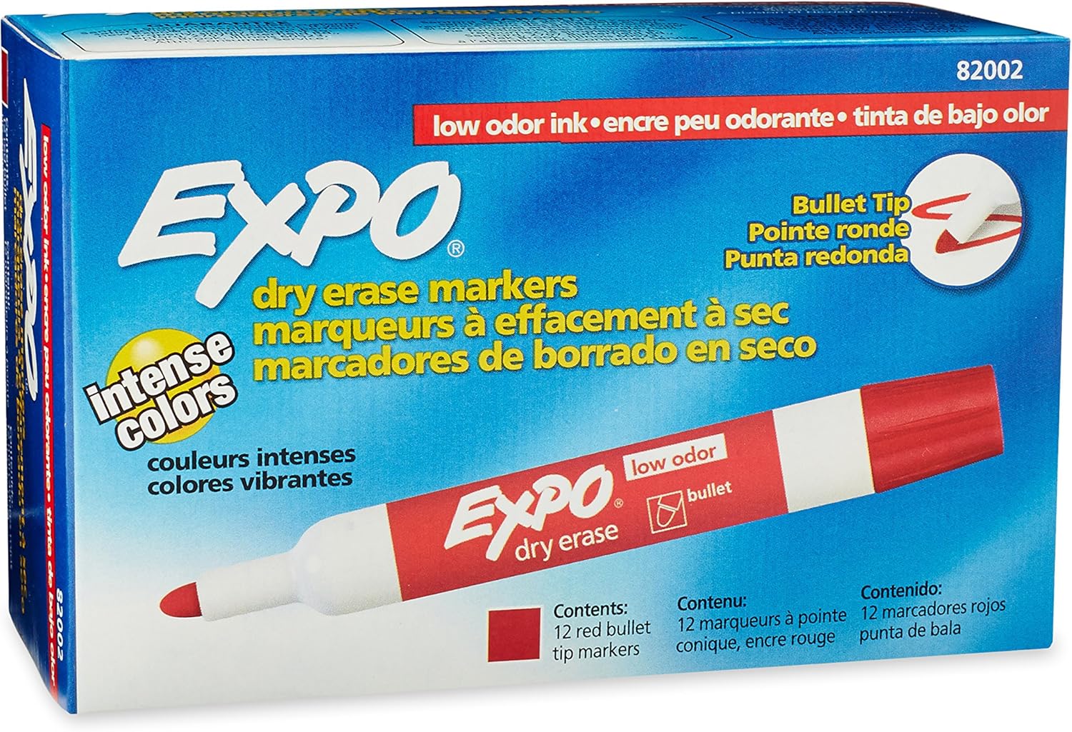 EXPO LowOdor Dry Erase Markers, Bullet Tip, Red, 12Count