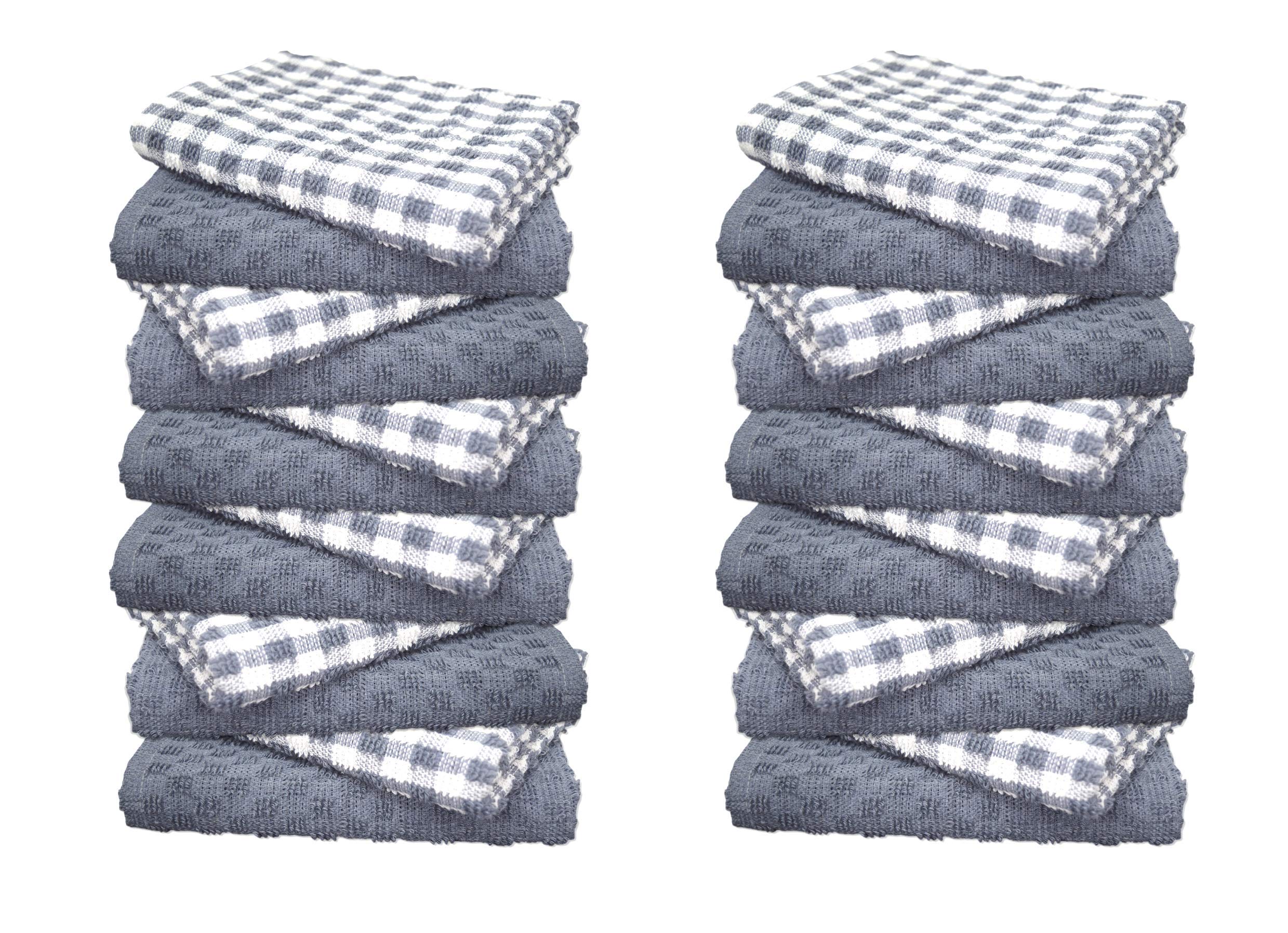 A & B TRADERS 100% Cotton Terry Tea Towels Packs (Sets of 2, 3, 6, 12 or 15) Egyptian Mono Check Superdry Soft Professional Hotel Quality Kitchen Dish Cloth (Silver, 24)