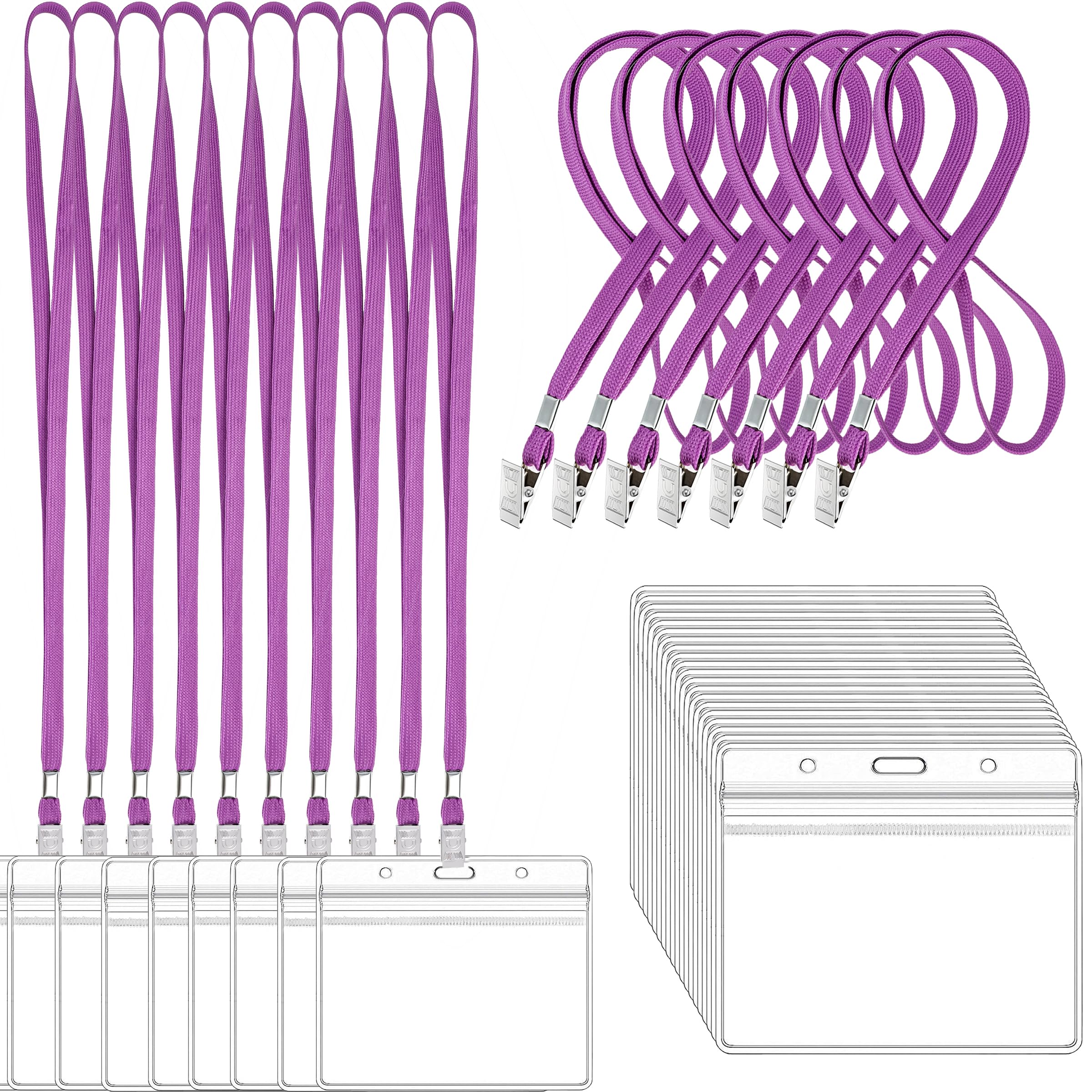 100Pcs Clear Plastic Horizontal Name Tags Badge ID Card Holders and 100Pcs Lanyards with Clip (Purple)