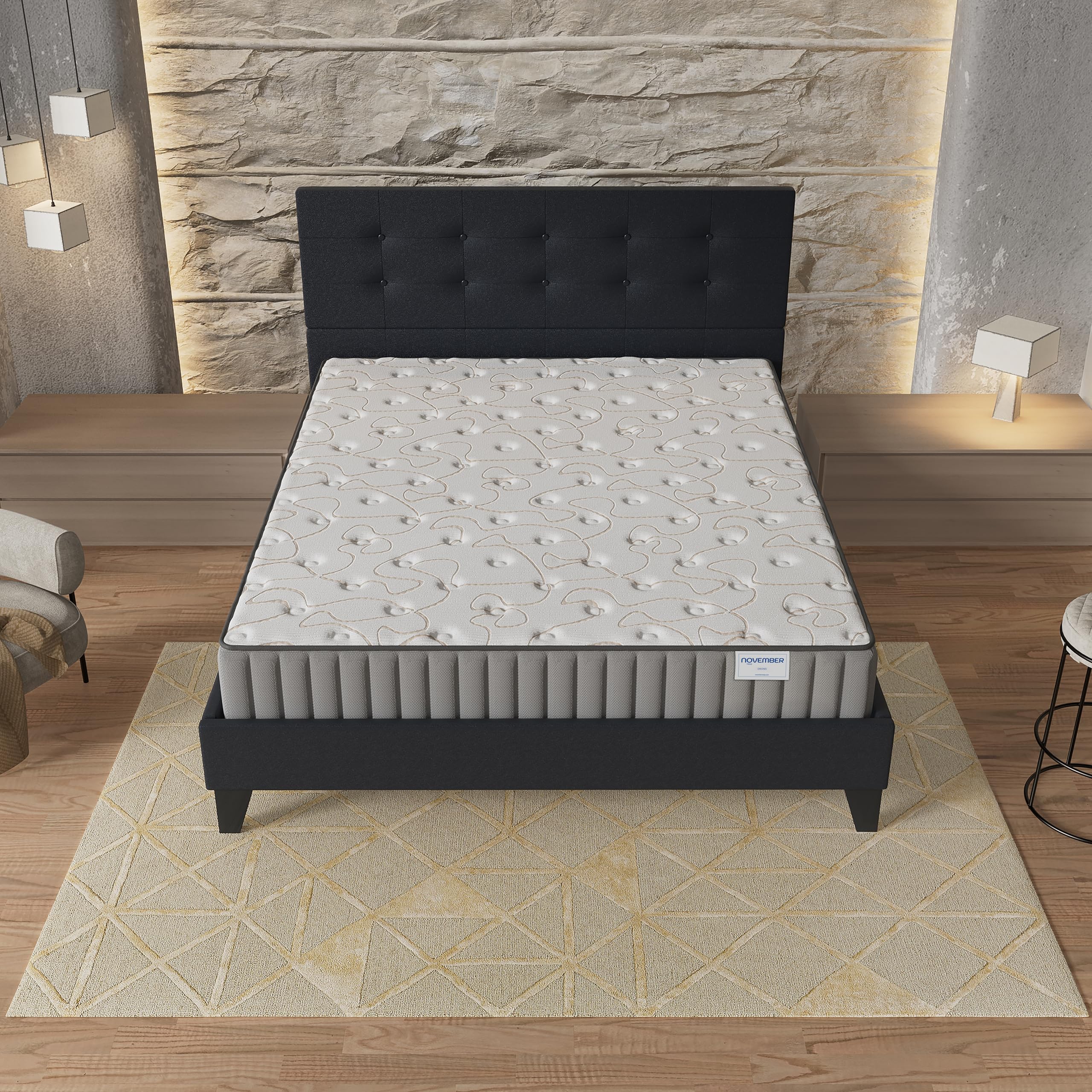 NOVEMBER- Ensemble Matelas + Sommier & tête de lit capitonnée (140 x 190cm)- Matelas Orionis Mousse Mémoire de Forme d’épaisseur 16cm + Lit Stable & Robuste, revêtement synthétique Noir
