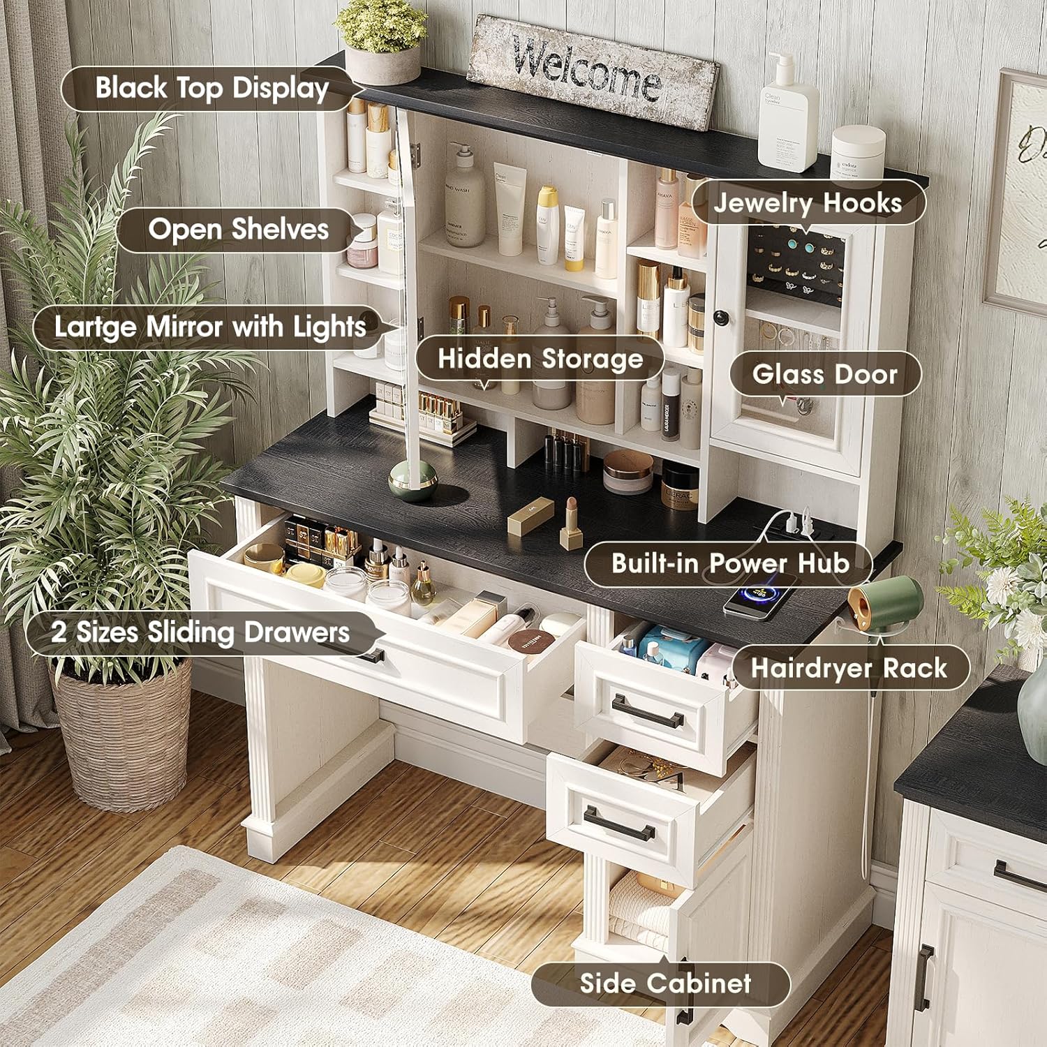 Vanity Desk with Mirror and Lights, 41.7'' W x 15.8" D x 54.8" H Large Makeup Vanity Table with 3 Drawers & Cabinets, Power Outlet, Jewelry Storage, Modern White Vanity for Girls Women Bedroom