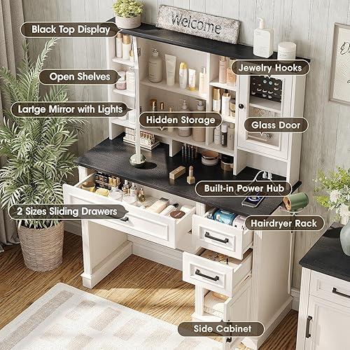 Miniatura 4 de Escritorio de tocador con espejo y luces, 41.7 pulgadas de ancho x 15.8 pulgadas de profundidad x 54.8 pulgadas de alto, mesa grande de tocador de