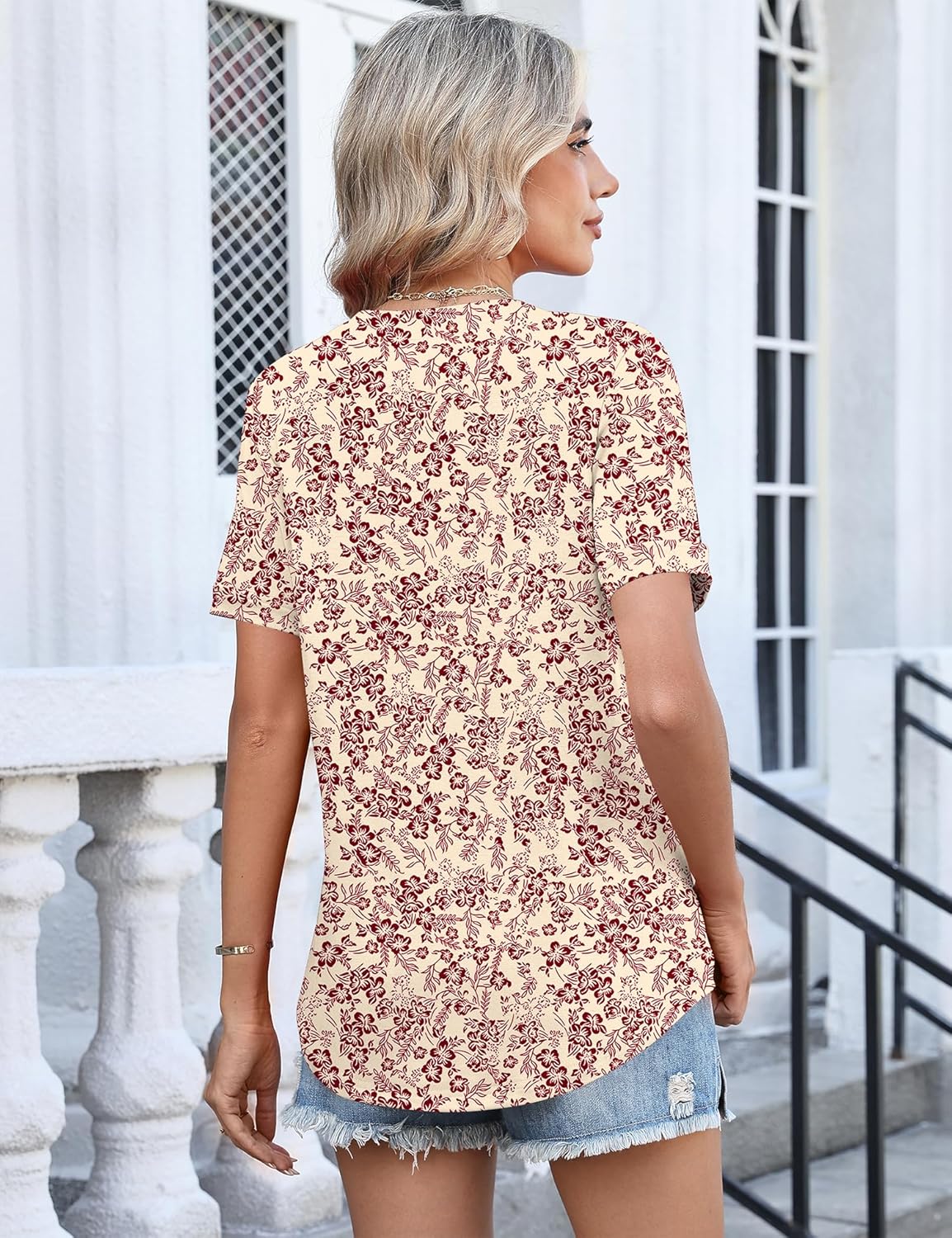 TCOT Women's Short Sleeve Tops Summer Cold Shoulder Button V Neck Shirts Dressy Casual Blouses - Image 3