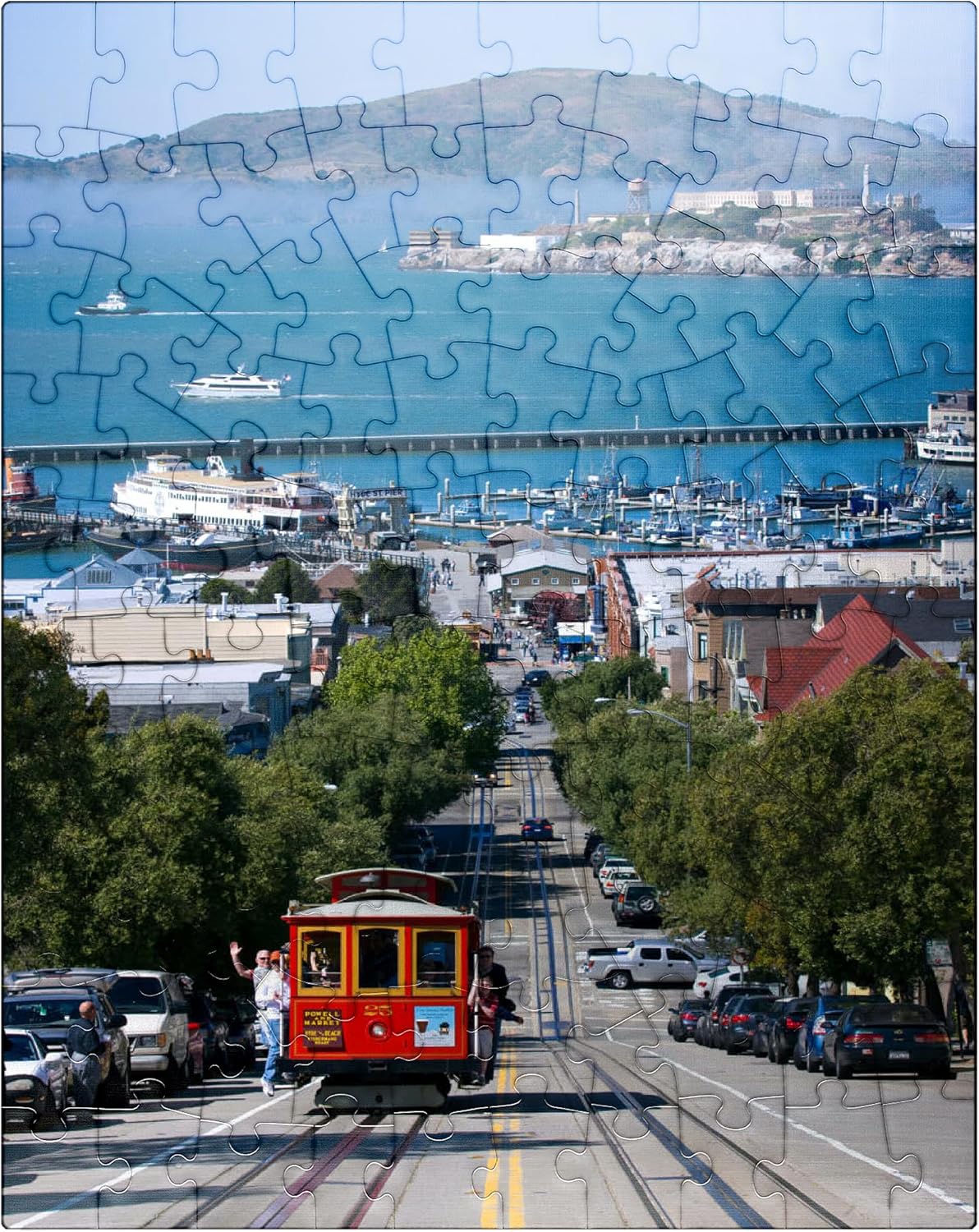 MyPuzzle Cable Car with Fisherman's Wharf and Alcatraz Island, San Francisco, California - Premium 500 Piece Jigsaw Puzzle for Adults