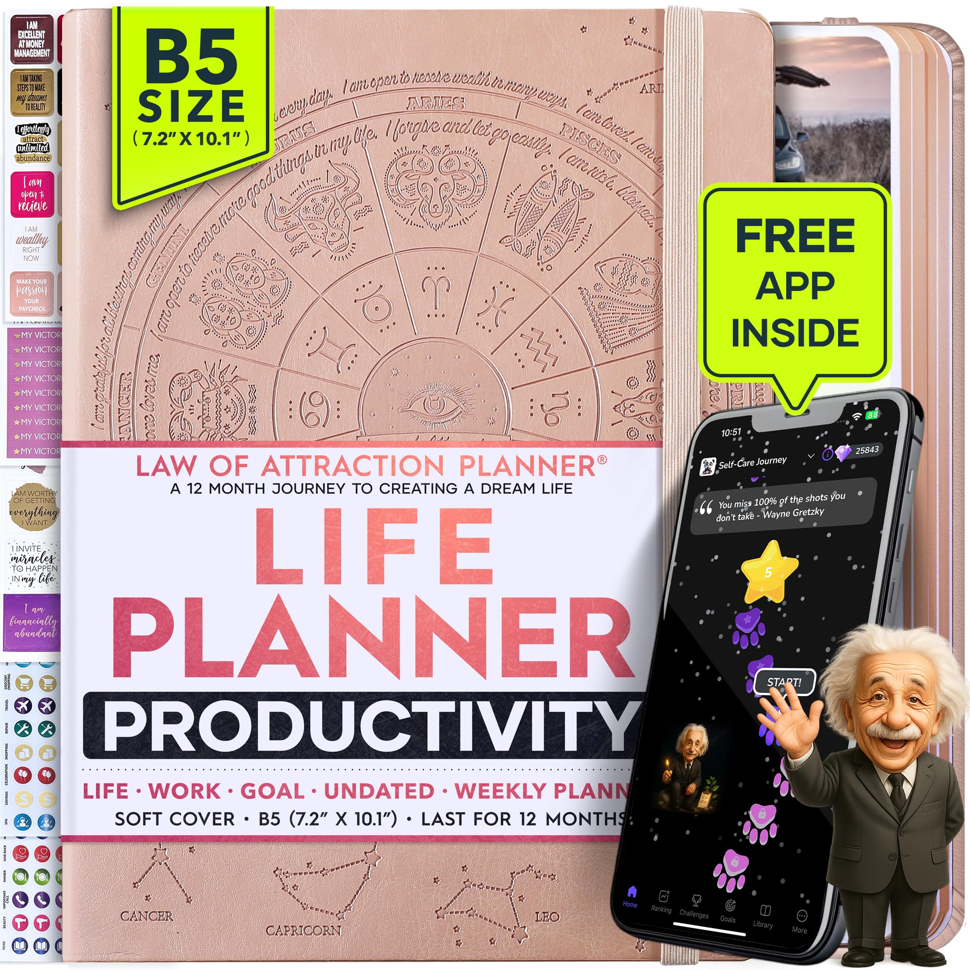 Deluxe Law of Attraction Life Planner - Personal Organizer to Increase Productivity & Happiness - Weekly Planner (Sunday-Saturday), Organizer & Gratitude Journal (Undated, Rose Gold) + Bonus Stickers