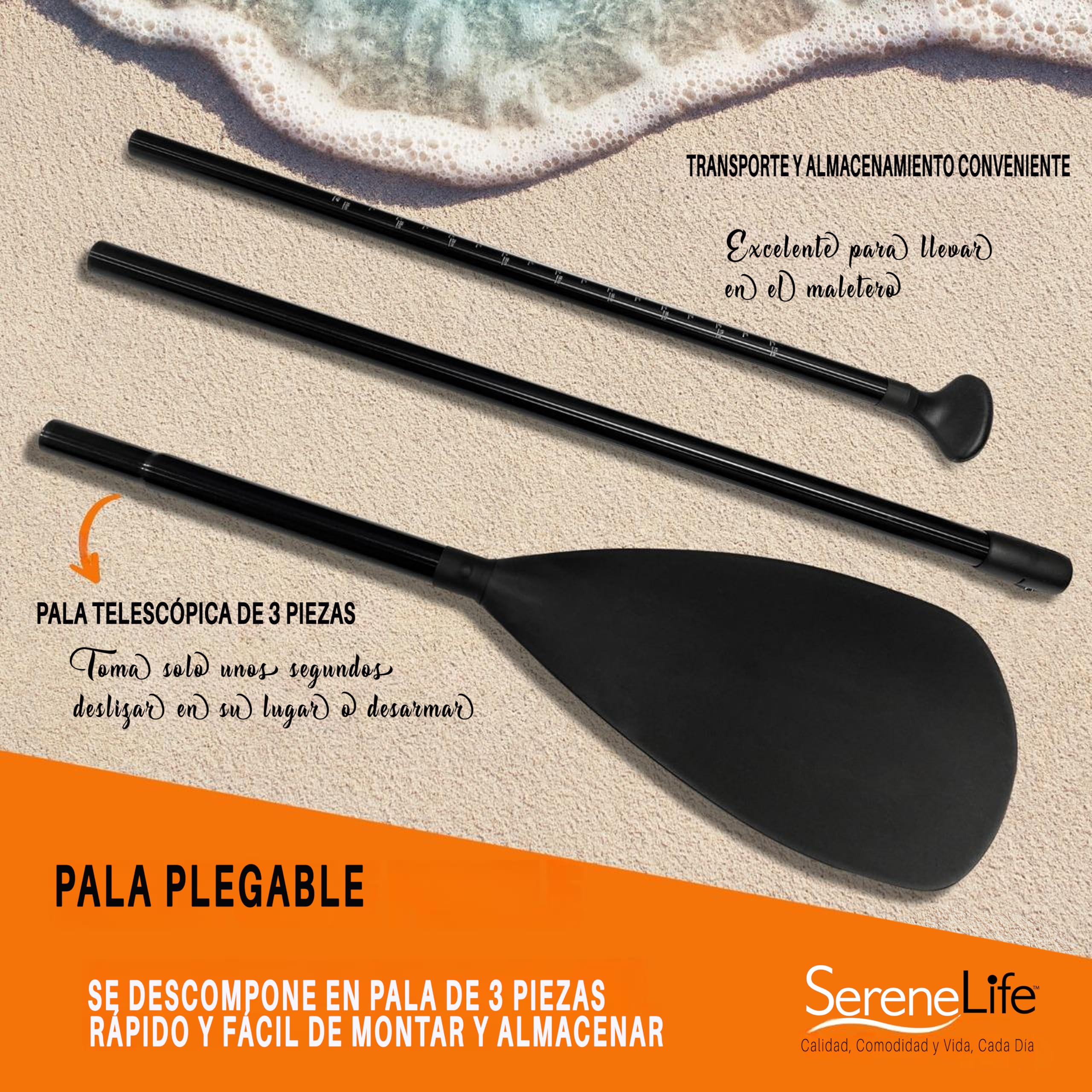 SereneLife remo paddle surf hinchable, Pala, Ajustable, Estable, Liviano, Desmontable
