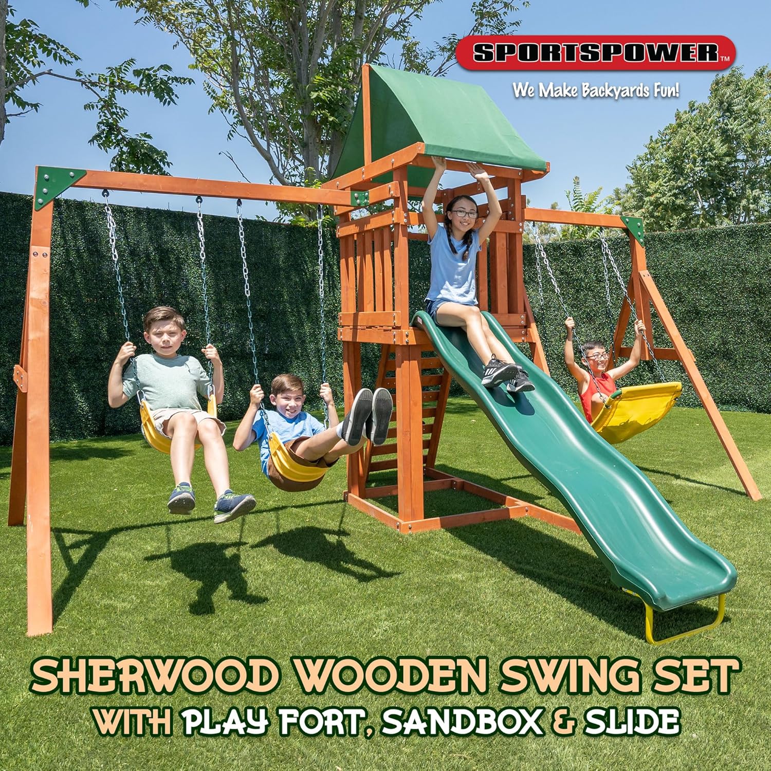 Sportspower Amazon Exclusive Sherwood Wood Swing Set with 3 Swings, Slide, and Covered Deck with Slide