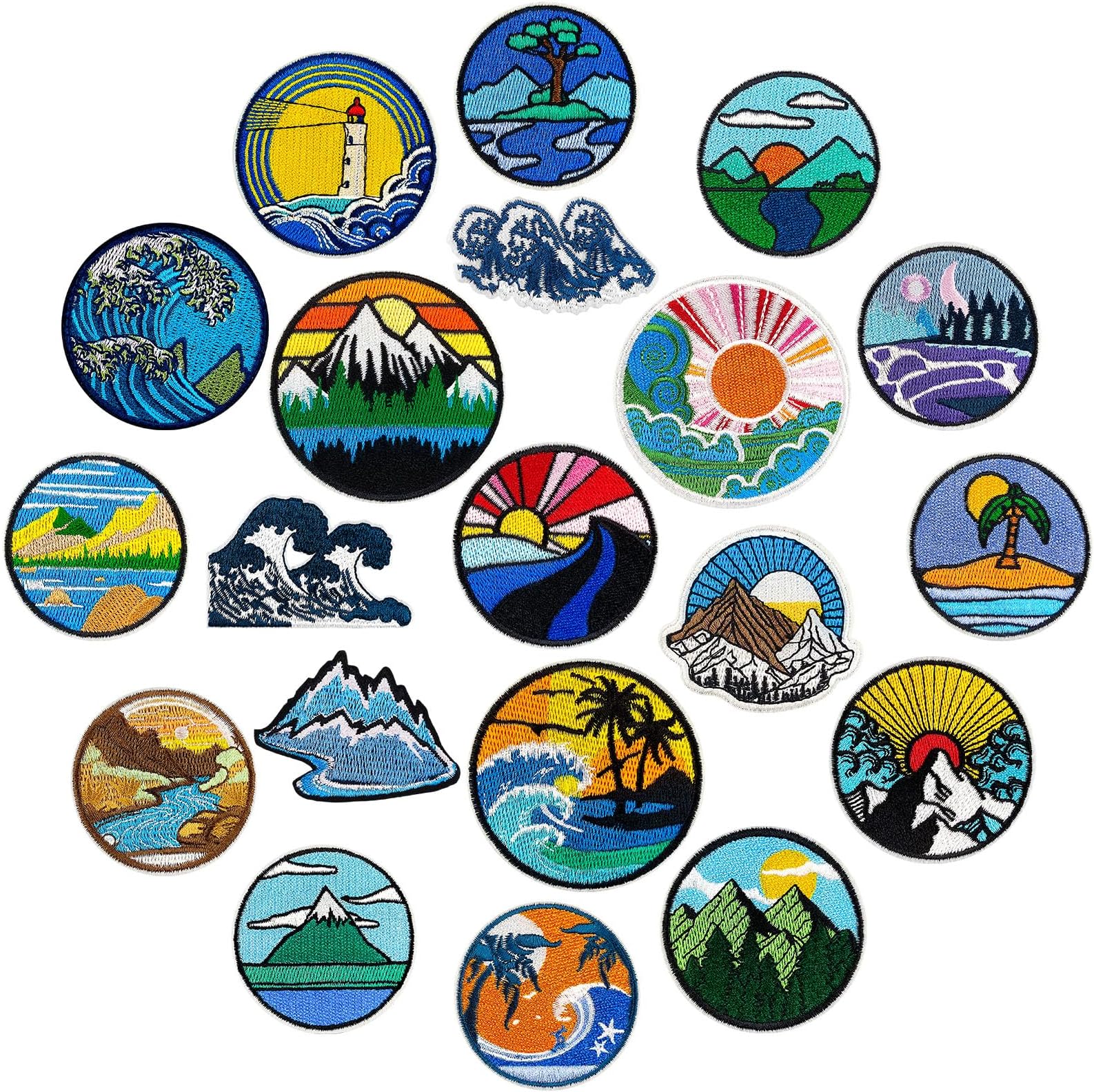 20Pcs Camping Iron on Patches Adventure Outdoor Hiking Embroidered Patches Nature Mountain Wave Sunrise Patch for Hats Backpack Clothes Jackets