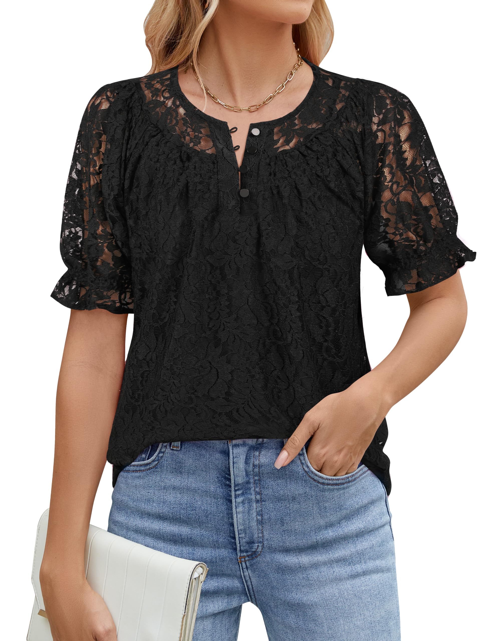 Blooming Jelly Women's Summer Lace Tops Dressy Casual Blouses Short Puff Sleeve Button Down Shirts Business Boho Outfits