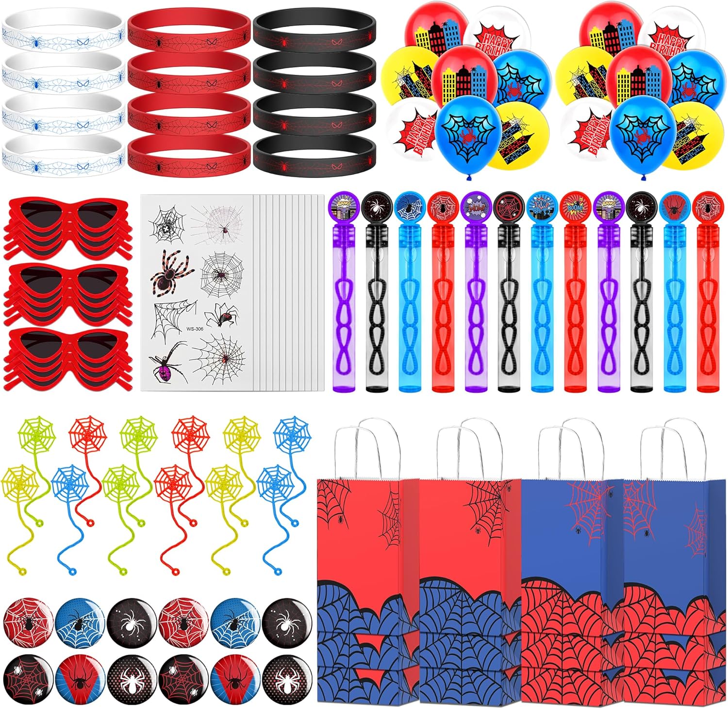 100pcs Spider Party Favors, Hero Theme Birthday Party Supplies Including Silicone Bracelets Sticky Spider Webs Bubble Wands Temporary Tattoos, Birthday Decorations Classroom Rewards for Kids
