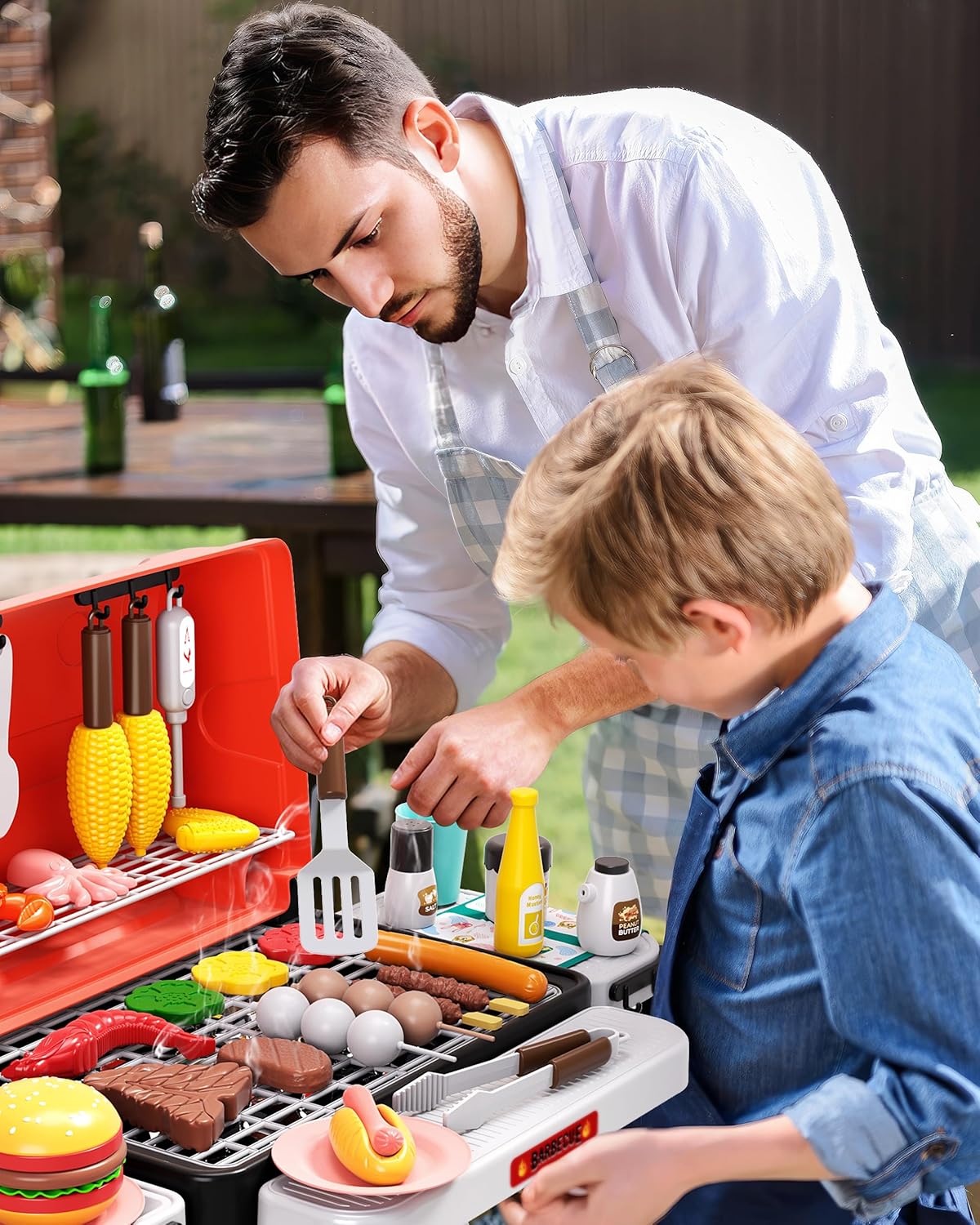 60pcs Kids BBQ Grill Kitchen Playset with Sound & Smoke, Play Toy Grill Set for Kids Ages 4-8, Pretend Food Barbecue Cooking Toys for Boys Girls 4 5 6 7 8