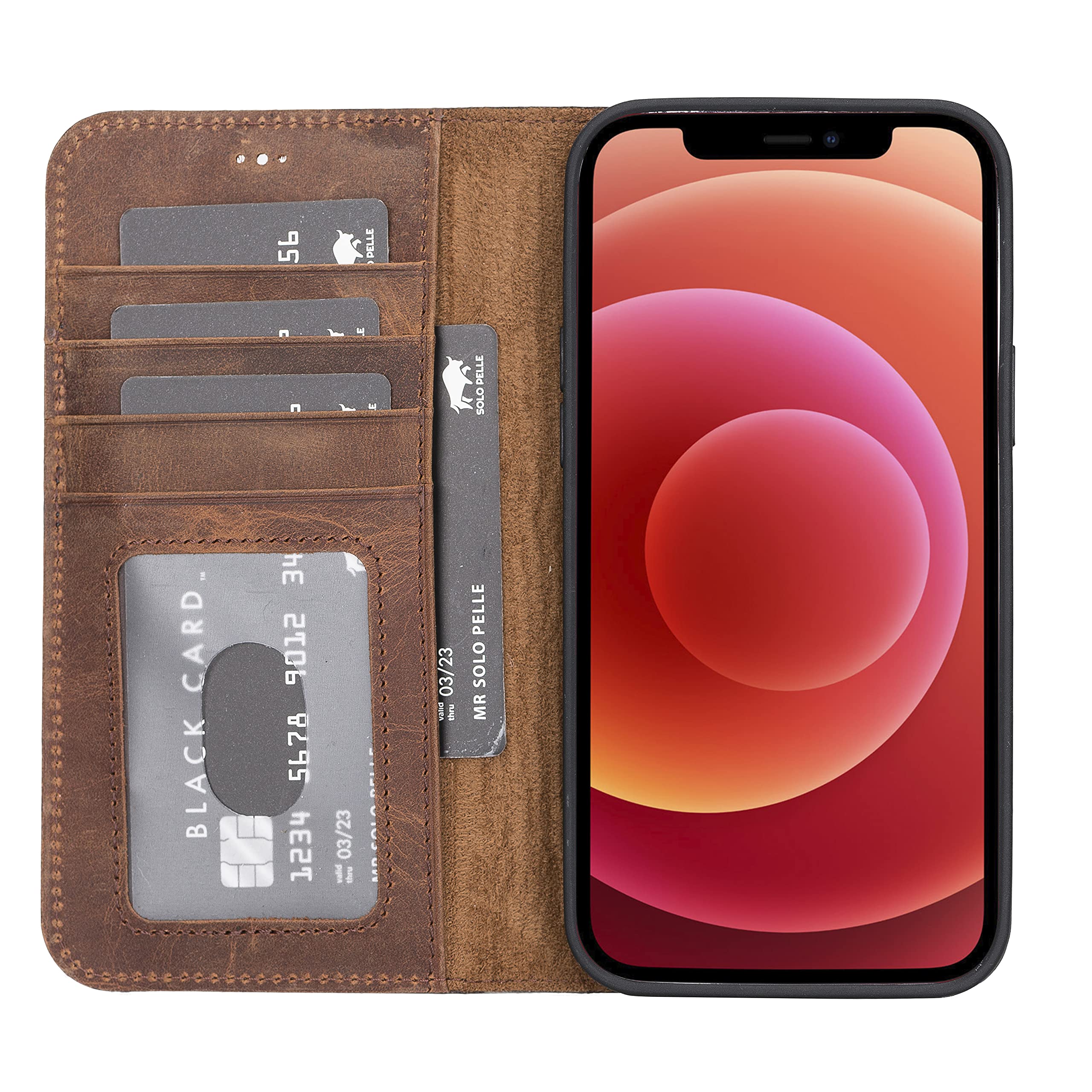 Solo Pelle Lederhülle kompatibel für iPhone 13 Pro Max in 6.7 Zoll abnehmbare Hülle (2in1) inkl. Kartenfächer für das original Apple iPhone 13 Pro Max (Vintage Braun)