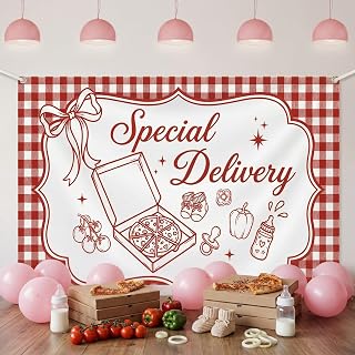 Mindsoft Special Delivery Pizza Baby Shower Backdrop 3x5 ft Italian Food Theme Decor Baby Welcome Party Photo Booth Banner Background for Gender Reveal Welcoming Boy or Girl