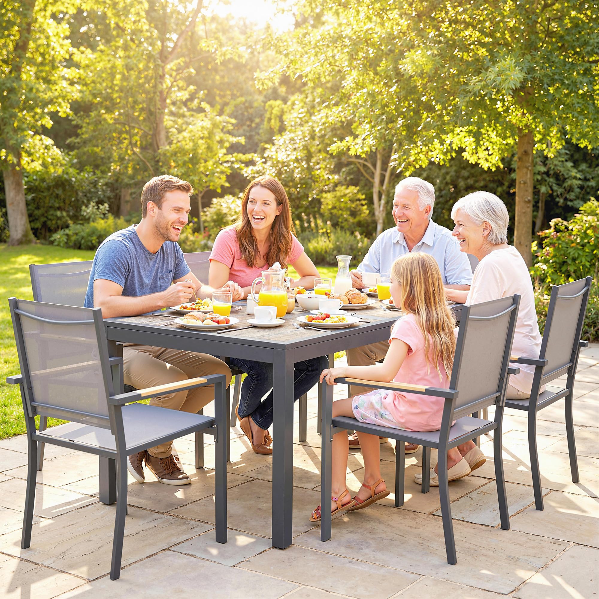 Outsunny Salon de Jardin 7 Pièces - Table Effet Bois sans Entretien et 6 Chaises Empilables en Textilène - Ensemble Mobilier de Jardin Résistant pour Repas en Terrasse, Gris Anthracite