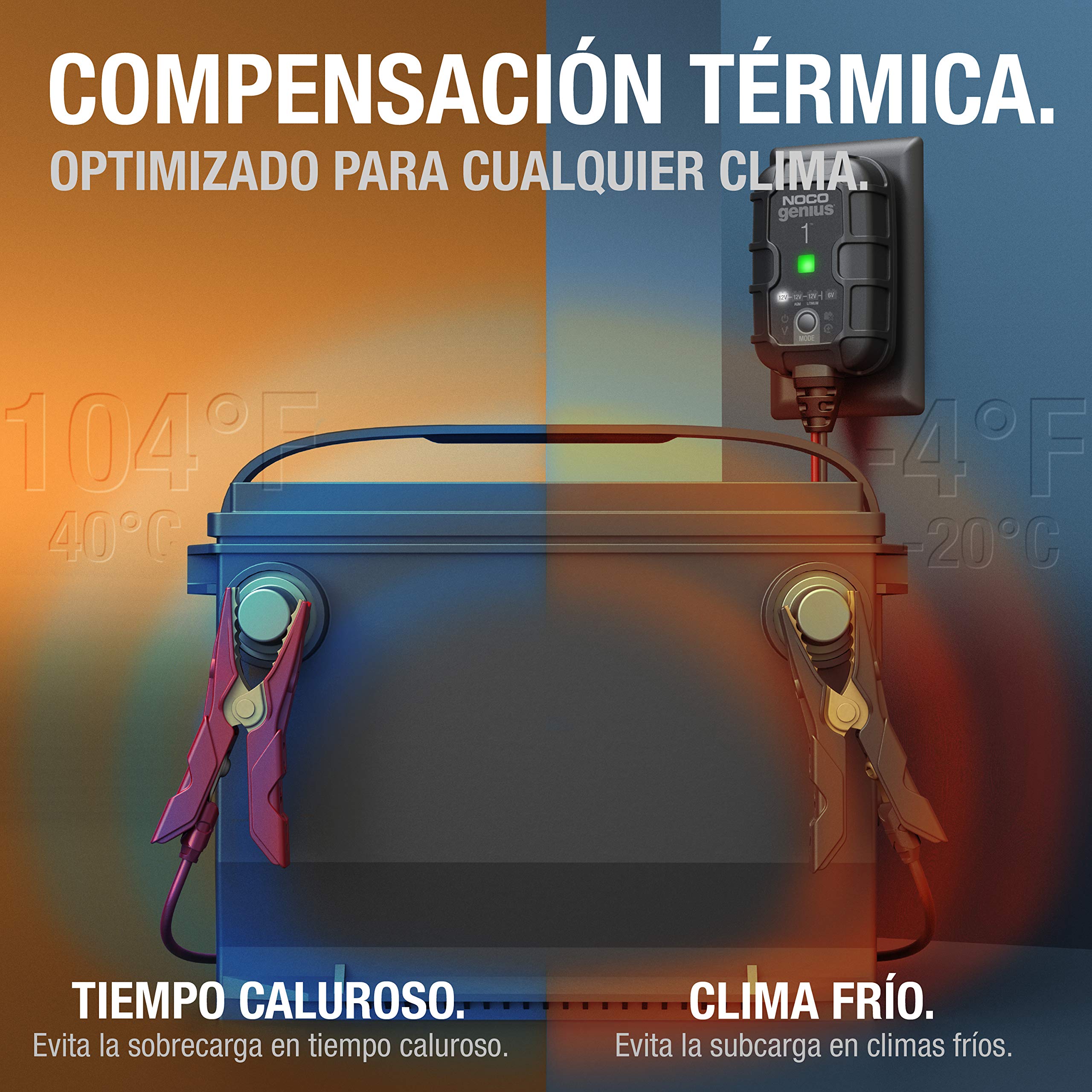 NOCO GENIUS1: Cargador Inteligente de baterías 1A 6V/12V – Mantenedor automático y desulfatador – Protección contra sobrecarga y compensación térmica – para baterías de Plomo y Litio