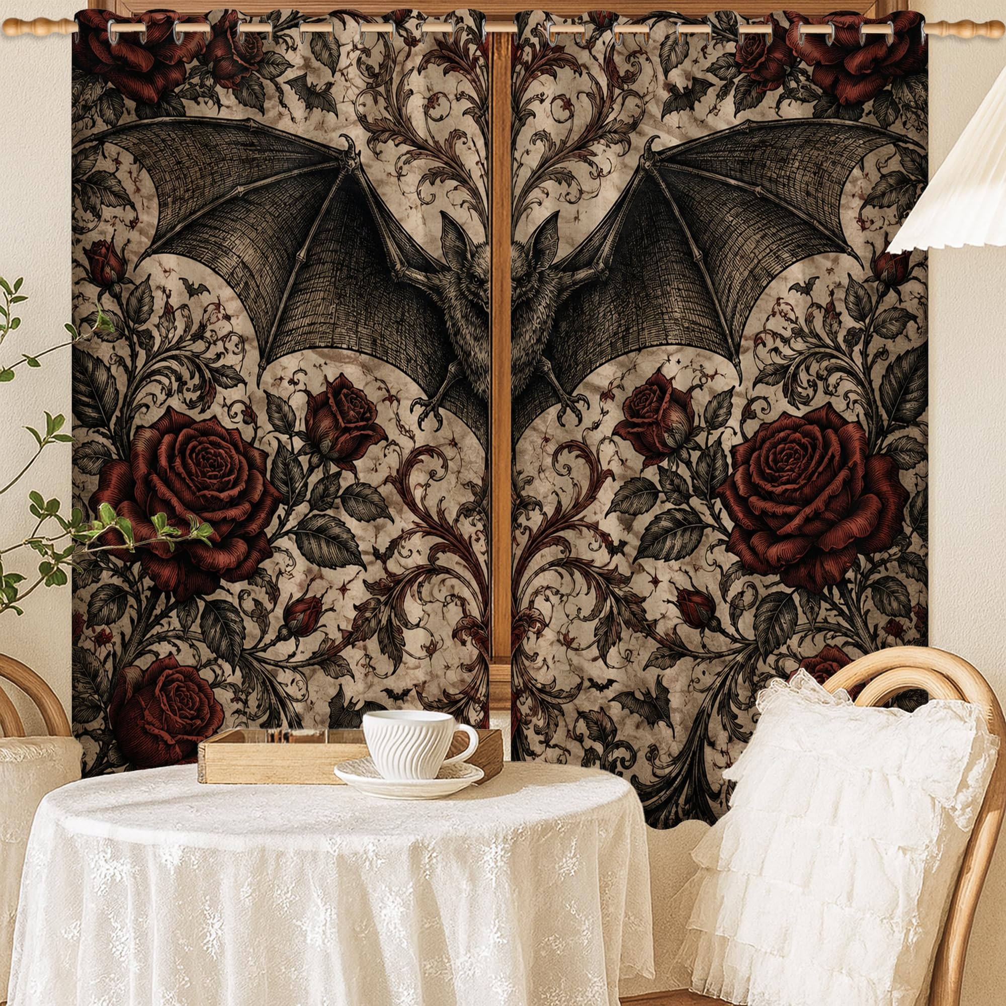 Rideaux occultants gothiques rouge chauve-souris et rose 132x137cm