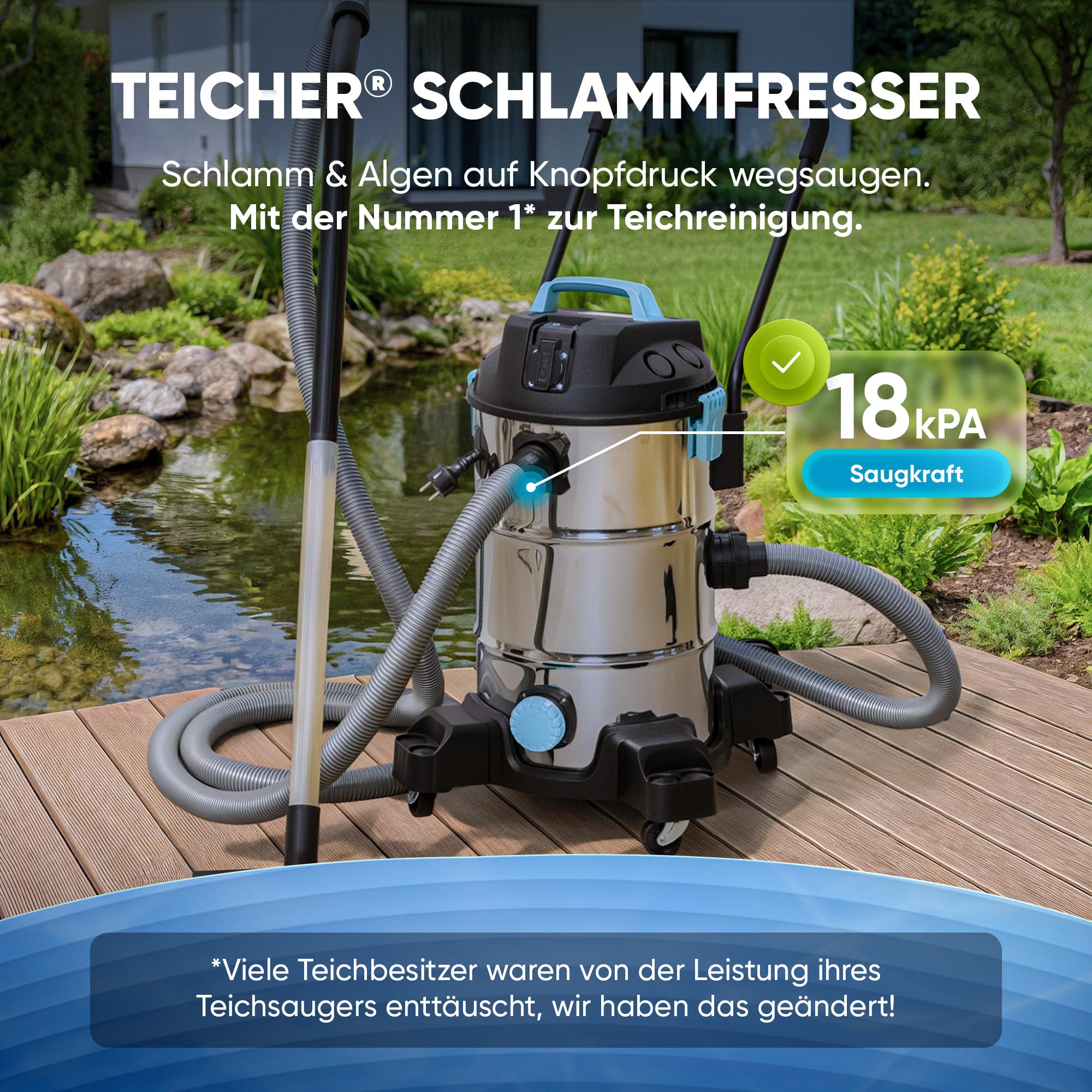 TEICHER Teichsauger Schlammsauger Groß [Neues Modell] – 1200 Watt Pumpsauger 35 Liter | Teichschlammsauger mit Wasserrückführung | Algensauger Mulmsauger Wassersauger mit Pumpe