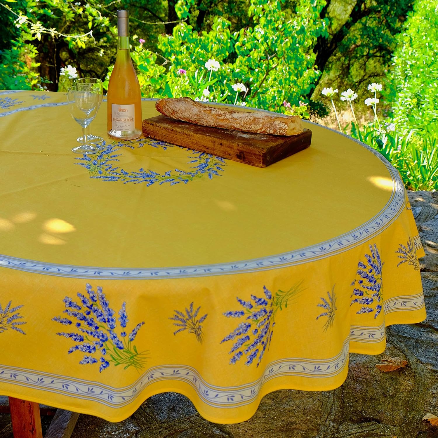 Amelie Michel Wipe-Clean French Tablecloth in Valensole Lavender, Yellow | Authentic French Acrylic-Coated 100% Cotton Fabric | Easy Care, Spill Proof [70" Round]