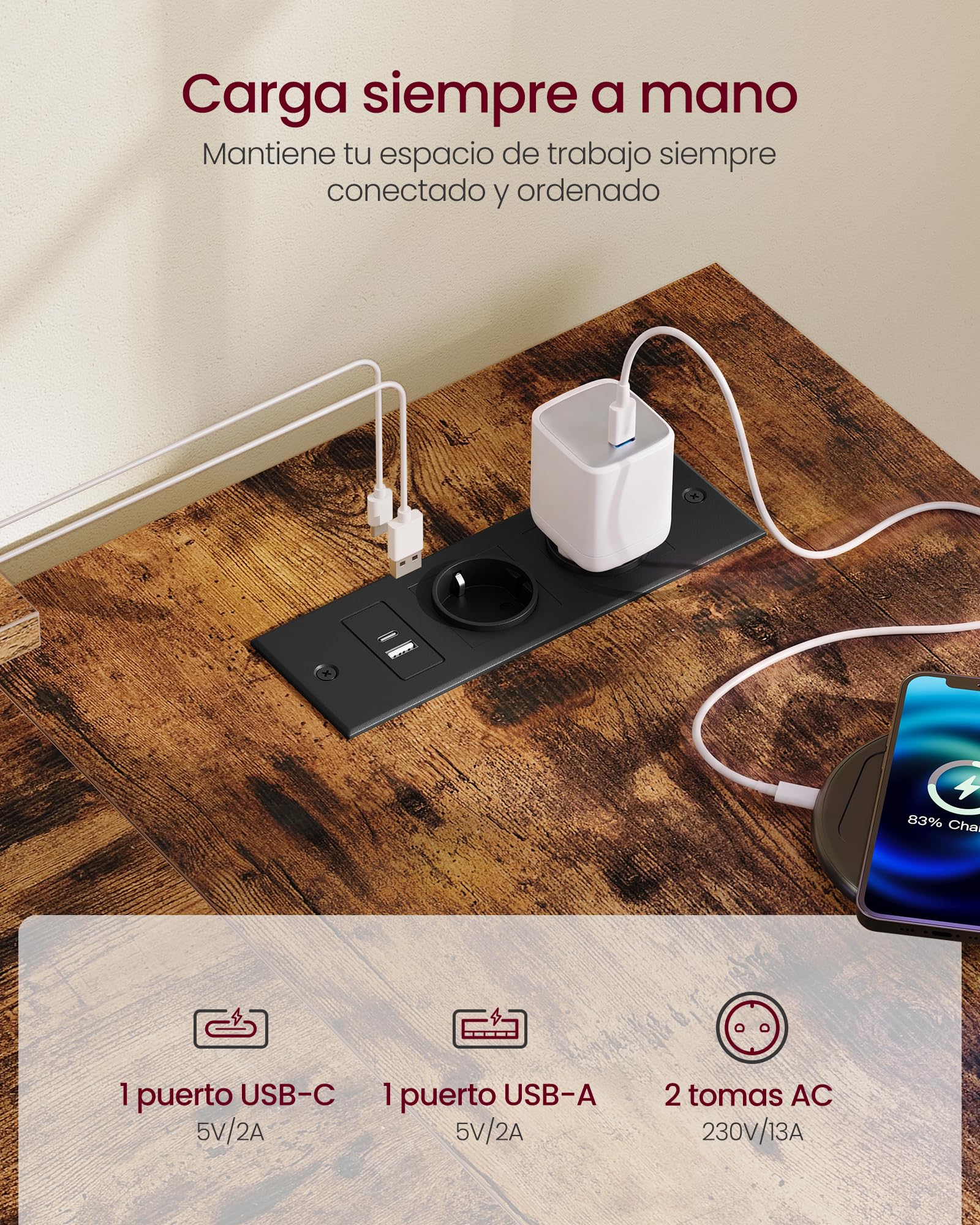 VASAGLE Escritorio Esquinero en L con Enchufes, Escritorio Gaming, Diseño Reversible, Estantes Ajustables, 4 Cajones, 2 Puertos USB, Estudio, Oficina, 140 x 80 cm, Marrón Rústico LWD172KD01