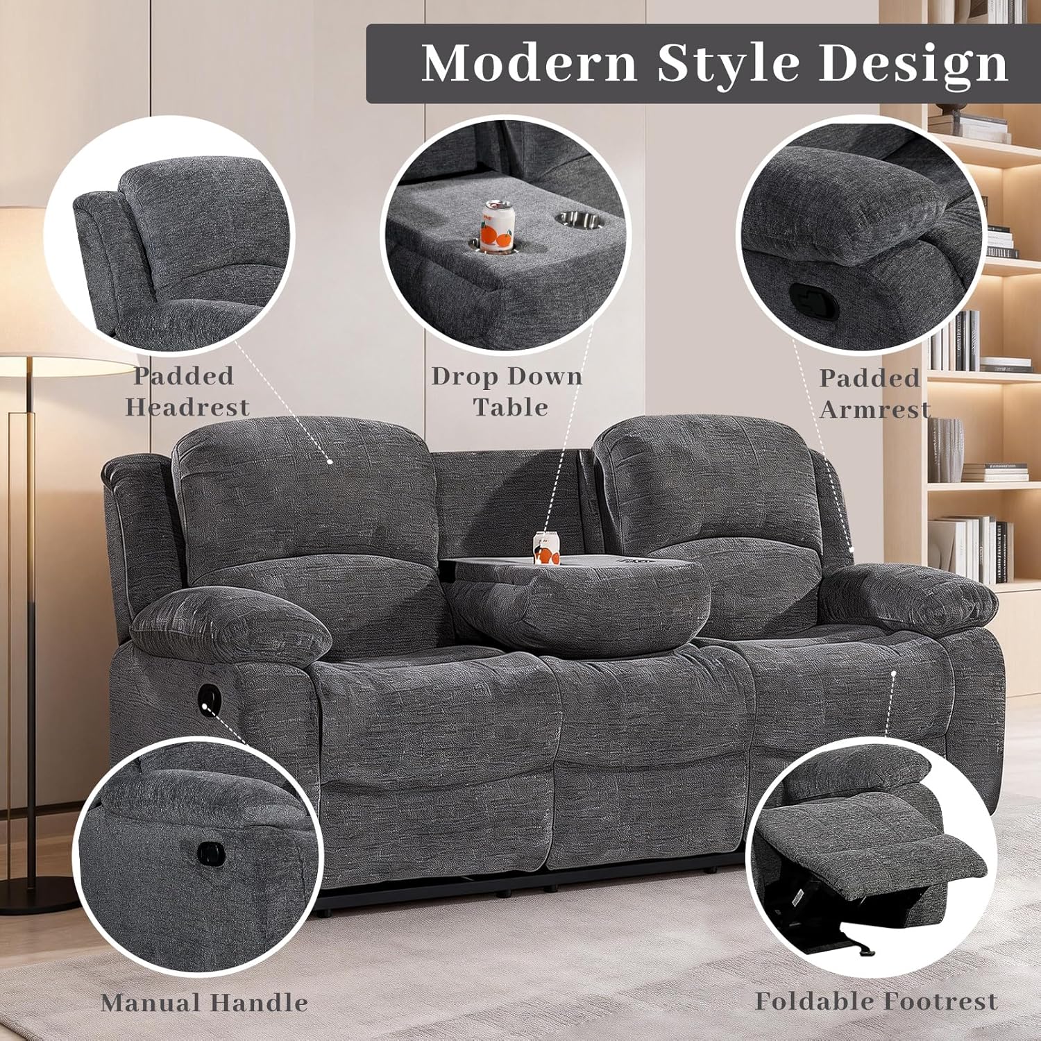 Betsy Furniture Soft Microfiber Reclining Sofa Set, Drop Down Table, Cupholder Console, Living Room Set, Sofa Loveseat Glider Chair 8018M (Dark Grey, Sofa+Loveseat+Chair)