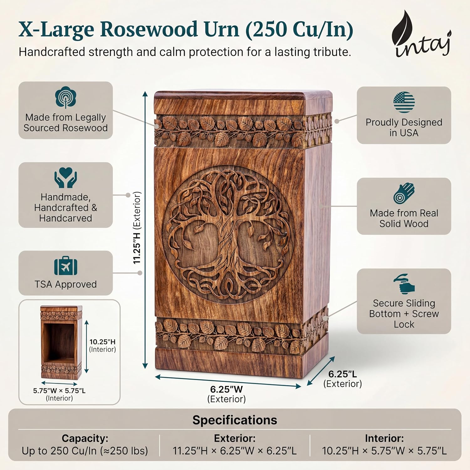 INTAJ Hand-Carved Wooden Cremation Urn for Human Ashes - Premium Rosewood Urn for Ashes Adult Male & Female - Beautiful Tree of Life Design - Durable, Elegant - Perfect Tribute - 250lbs Funeral Urn
